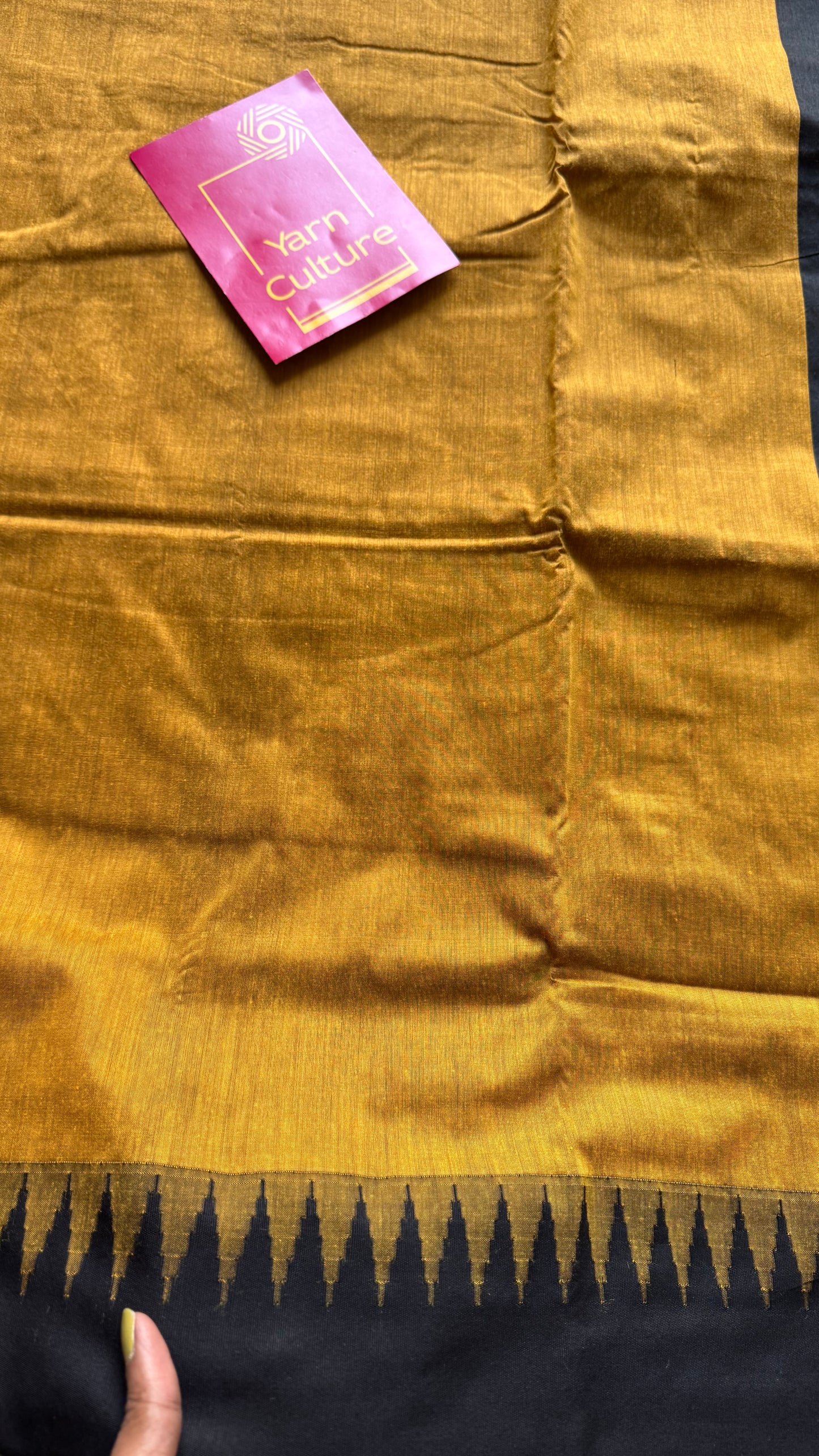 Turmeric yellow with black temple border, cotton silk - YCCOTNCSDE94