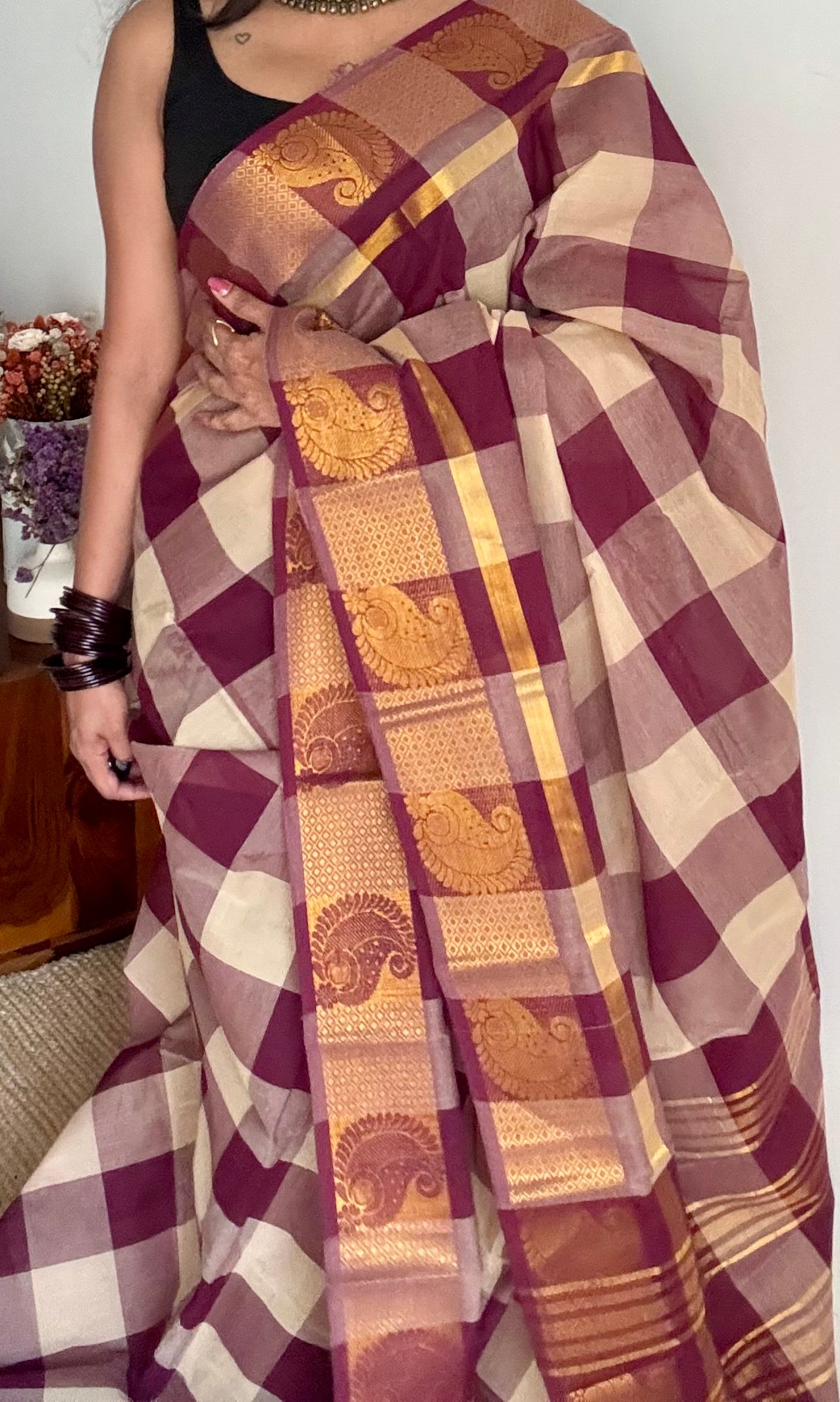 Chettinad cotton saree with cream and maroon checks, paisley motif border - YCCOTNAP63