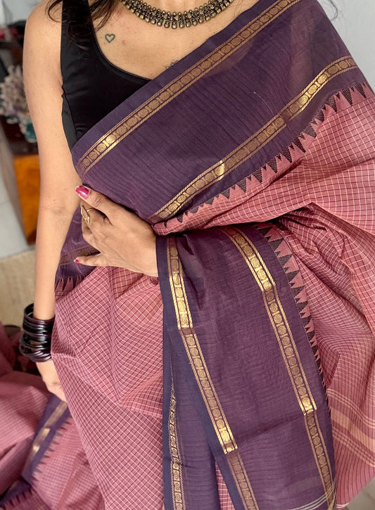 Dusty pink with deep purple border, temple motifs, checkered body, kanchi cotton - YCCOTNOCKC27