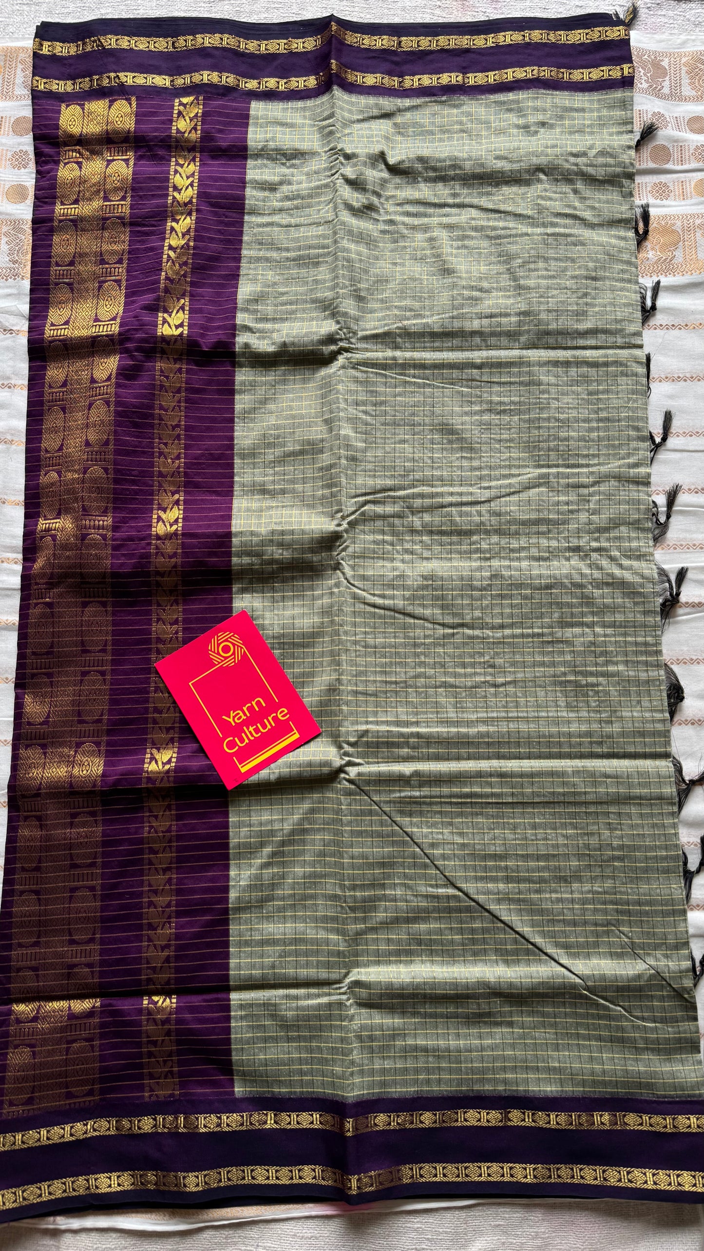 Grey with wine contrast arani checkered saree, cotton silk - YCCOTNAUG11