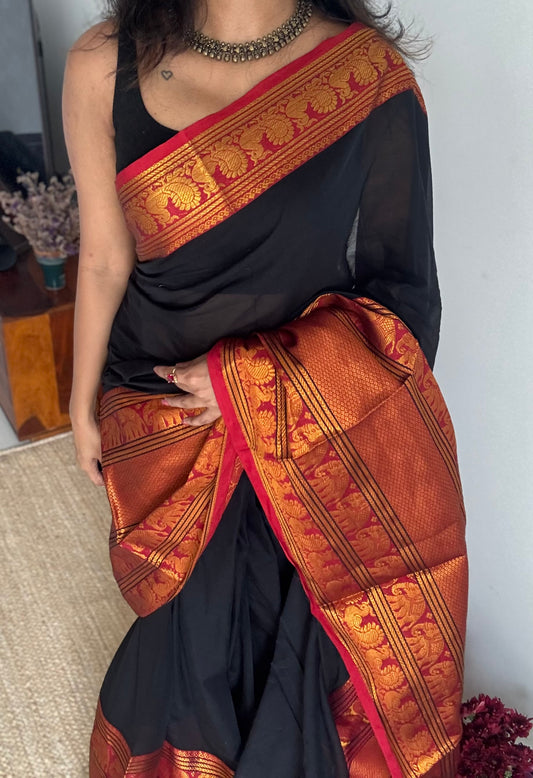 Black with broad zari border, premium narayanpet, soft cotton - YCWOTDFEBB02