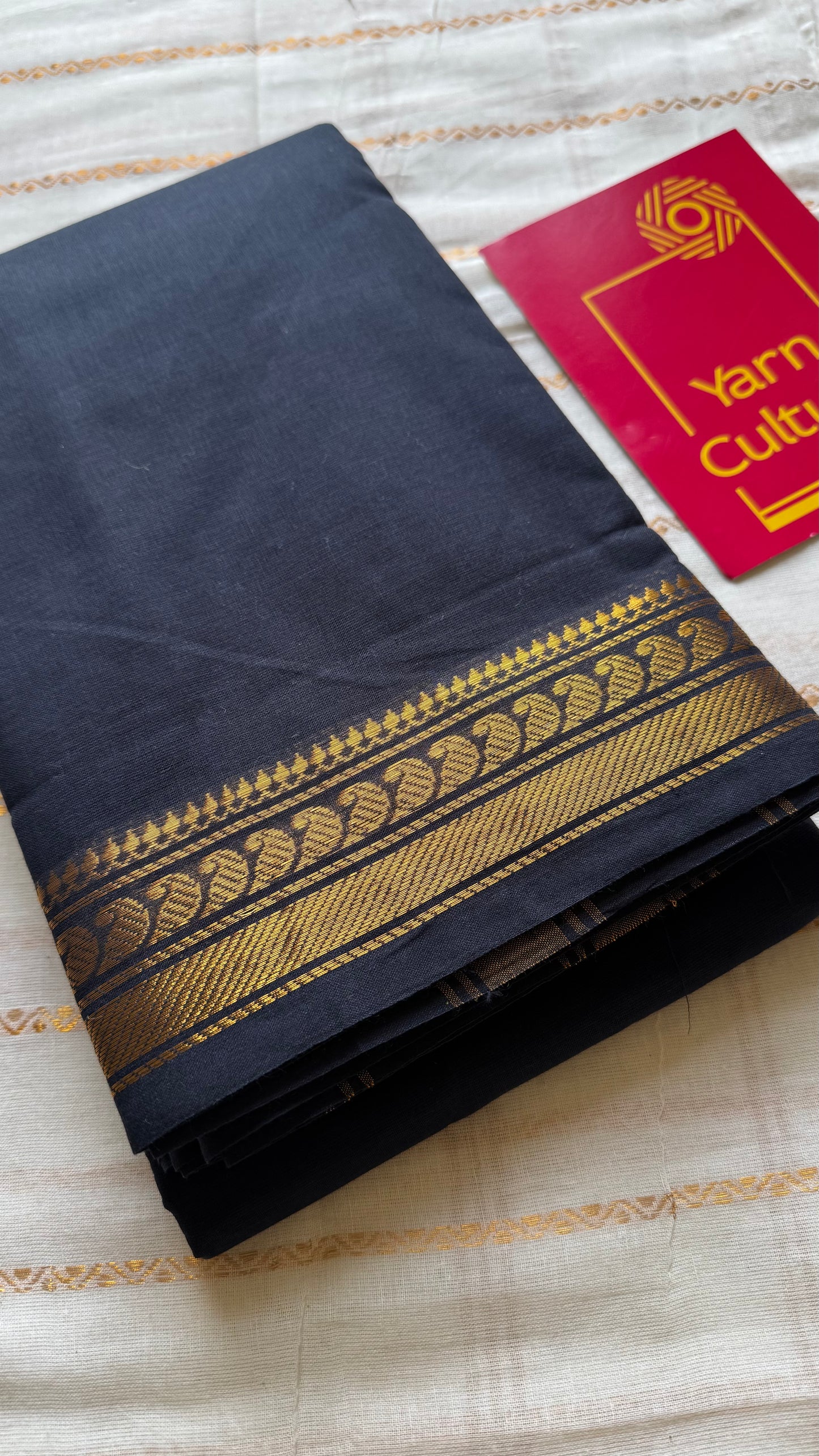 Chettinad cotton saree in black with thin paisley zari motif border - YCCOTNJUCC07