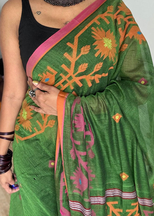 Green with pink and orange jamdani saree in mul cotton - YCBCJDFE383