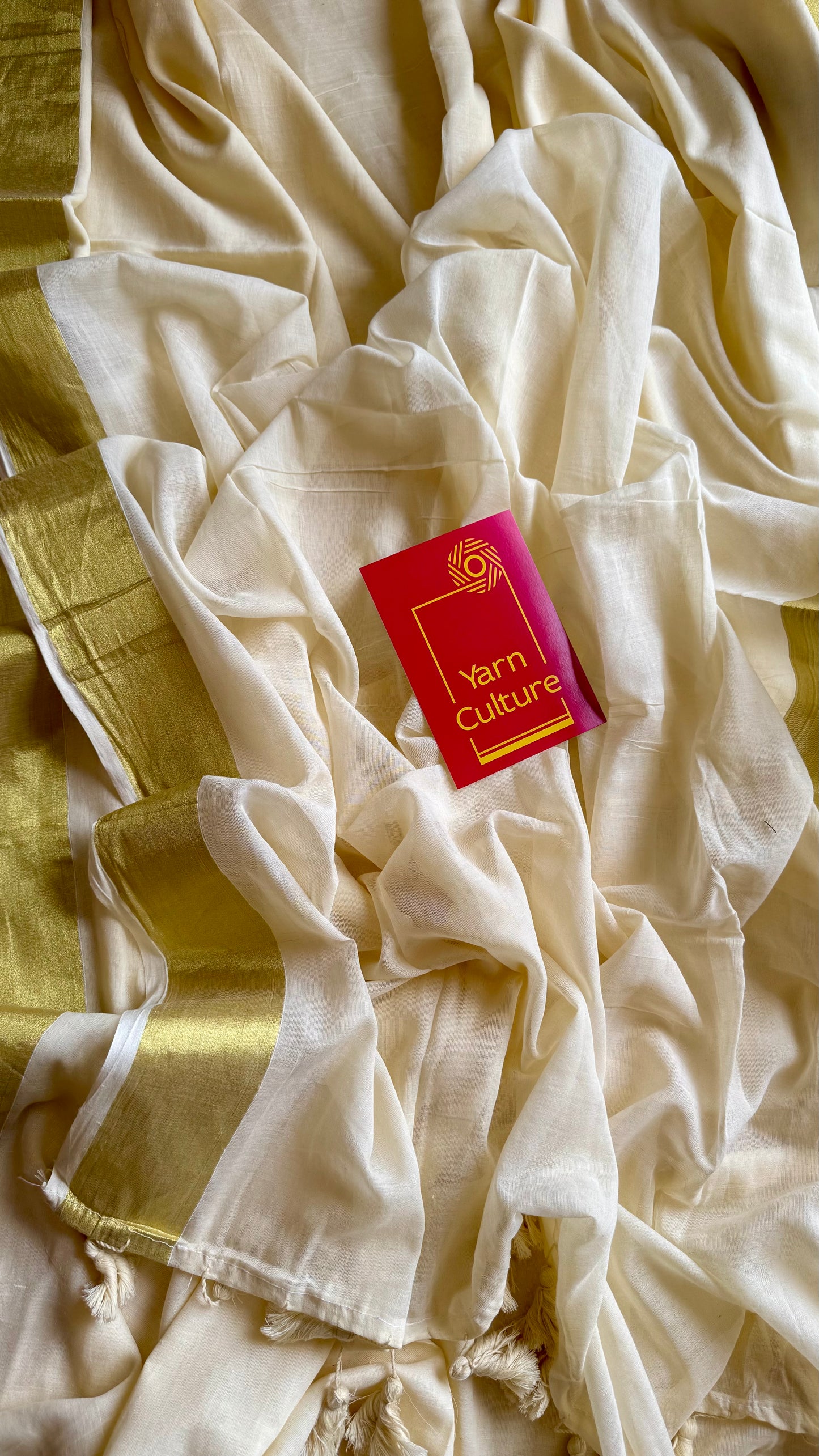 Ivory mul saree, gold border - YCIEON32