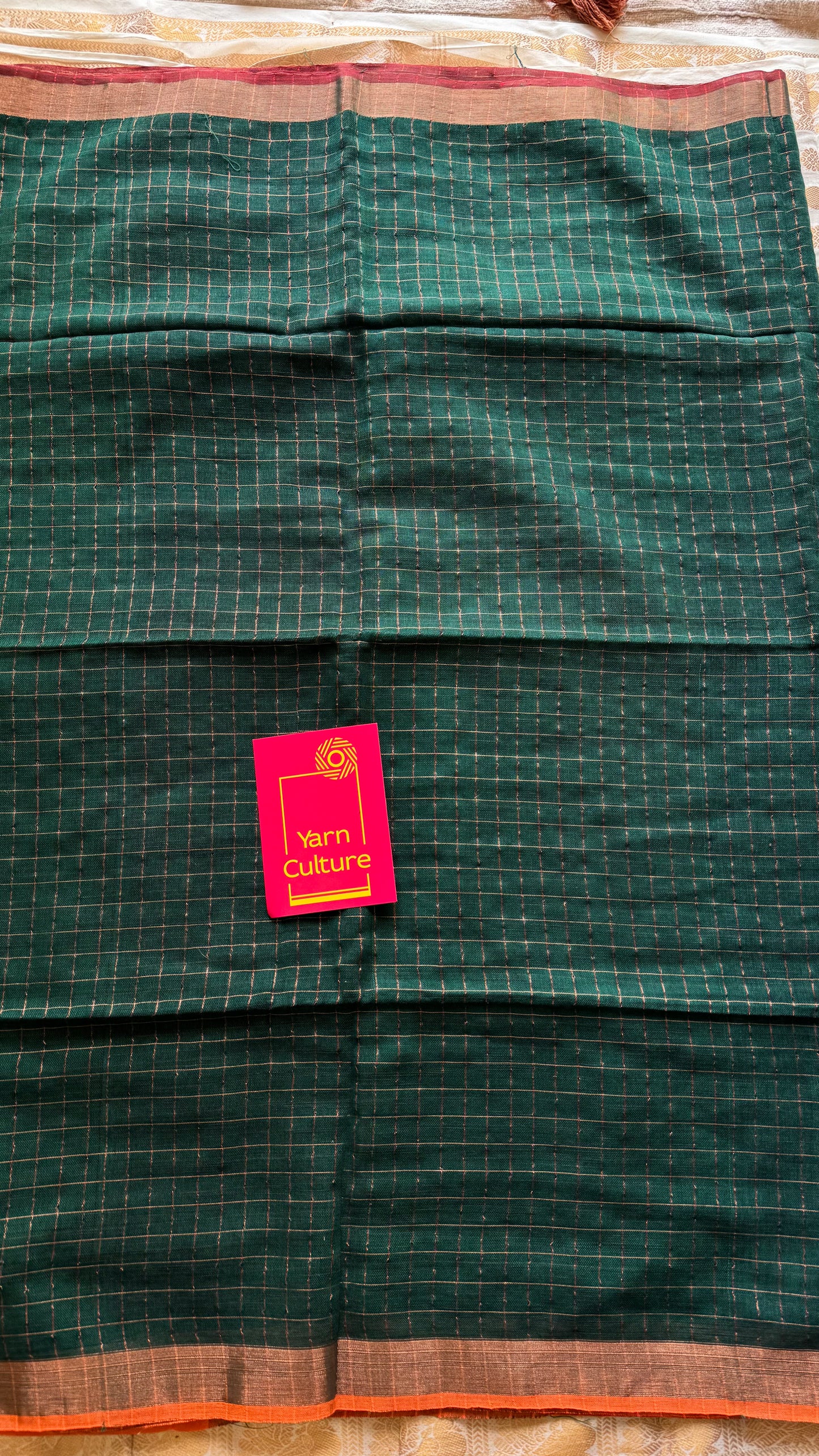 Green linen by cotton saree, gold checks & copper zari pallu - YCBCLCAP56b