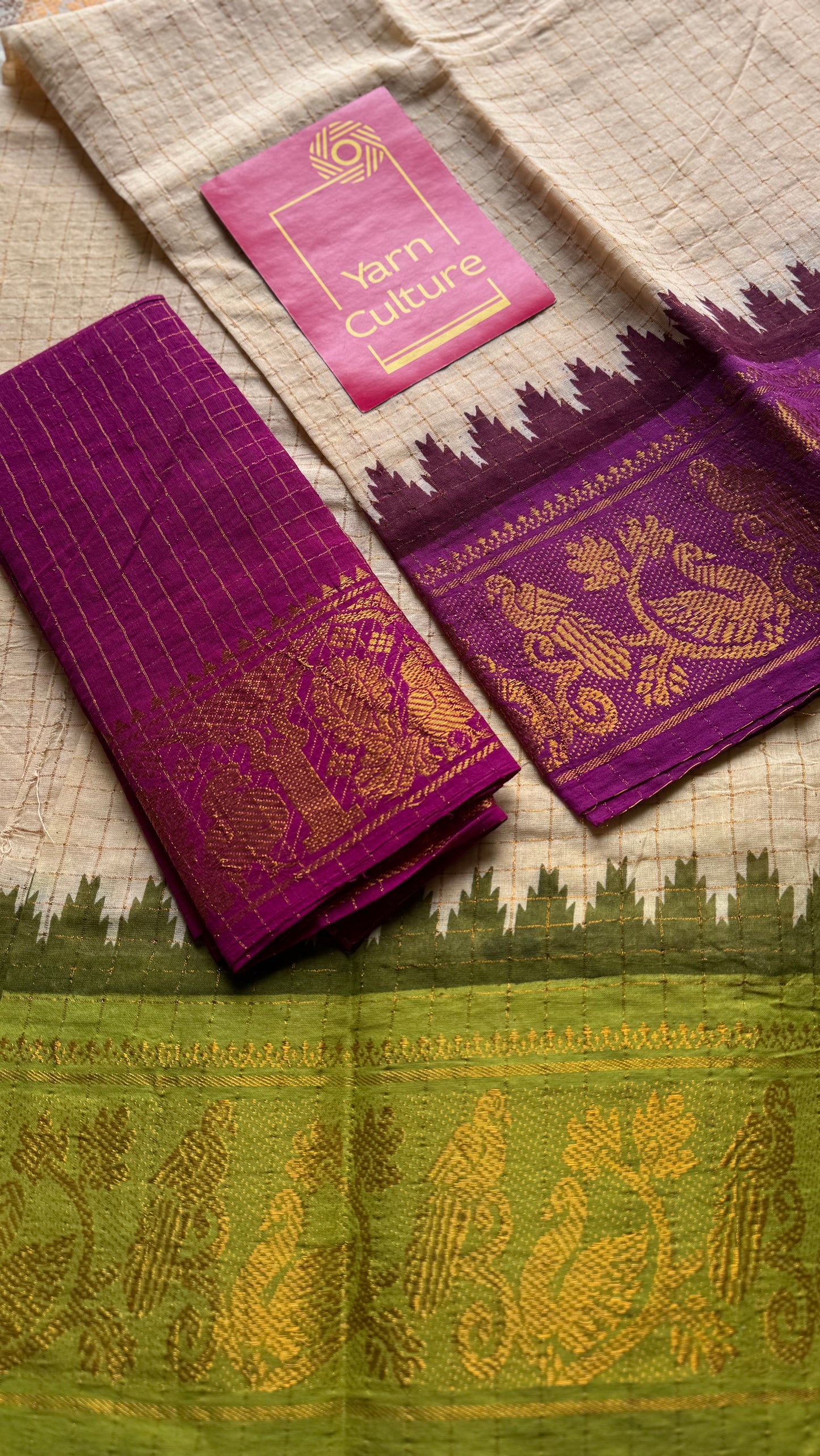 Sungudi cotton checks, ivory gold base, magenta and lime green dual tone border, soft cotton - YCCOTNMSJUL09