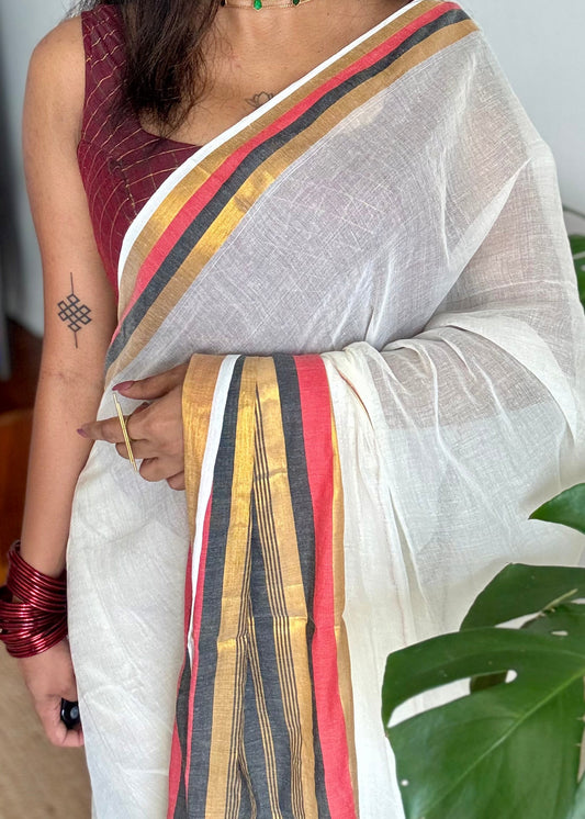 Ivory mul saree, red, black and gold striped border - YCIEON36