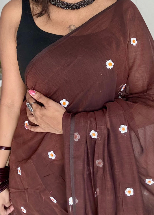 Brown with white floral embroidered mul cotton saree  - YCBCMCAP42
