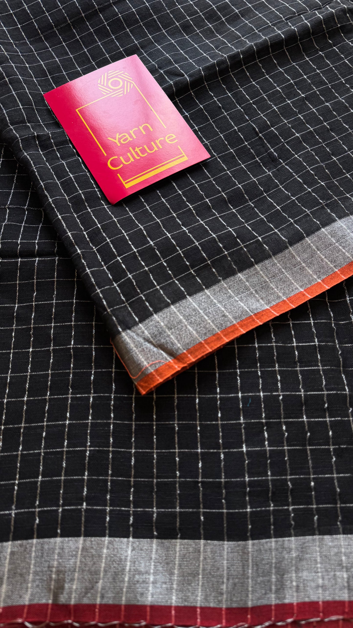Black linen by cotton saree, silver checks & zari pallu - YCBCLCAP55
