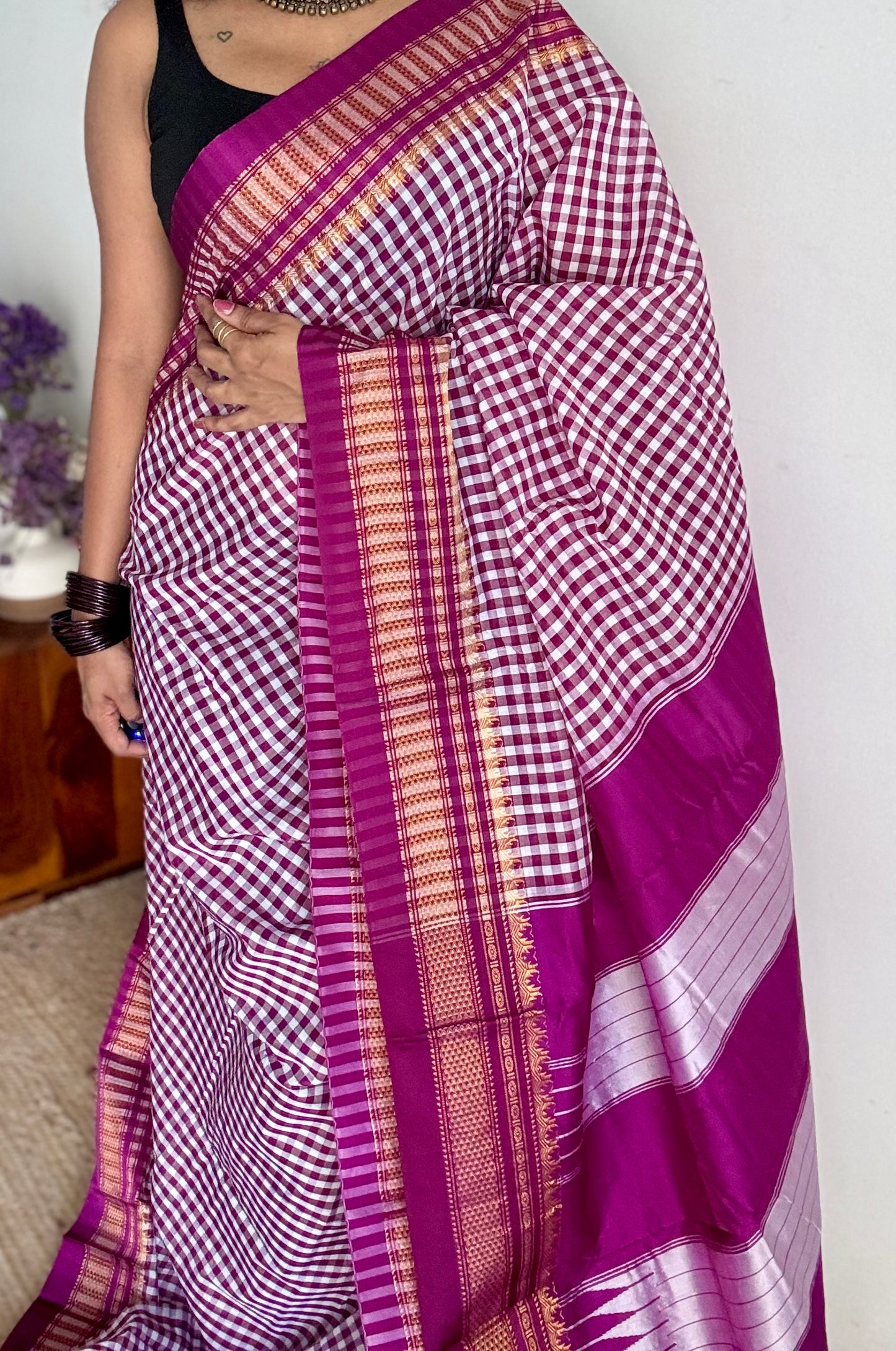 llkal purple pink and white checks with chikki paras border, soft cotton with art silk blend - YCLOKICAP226