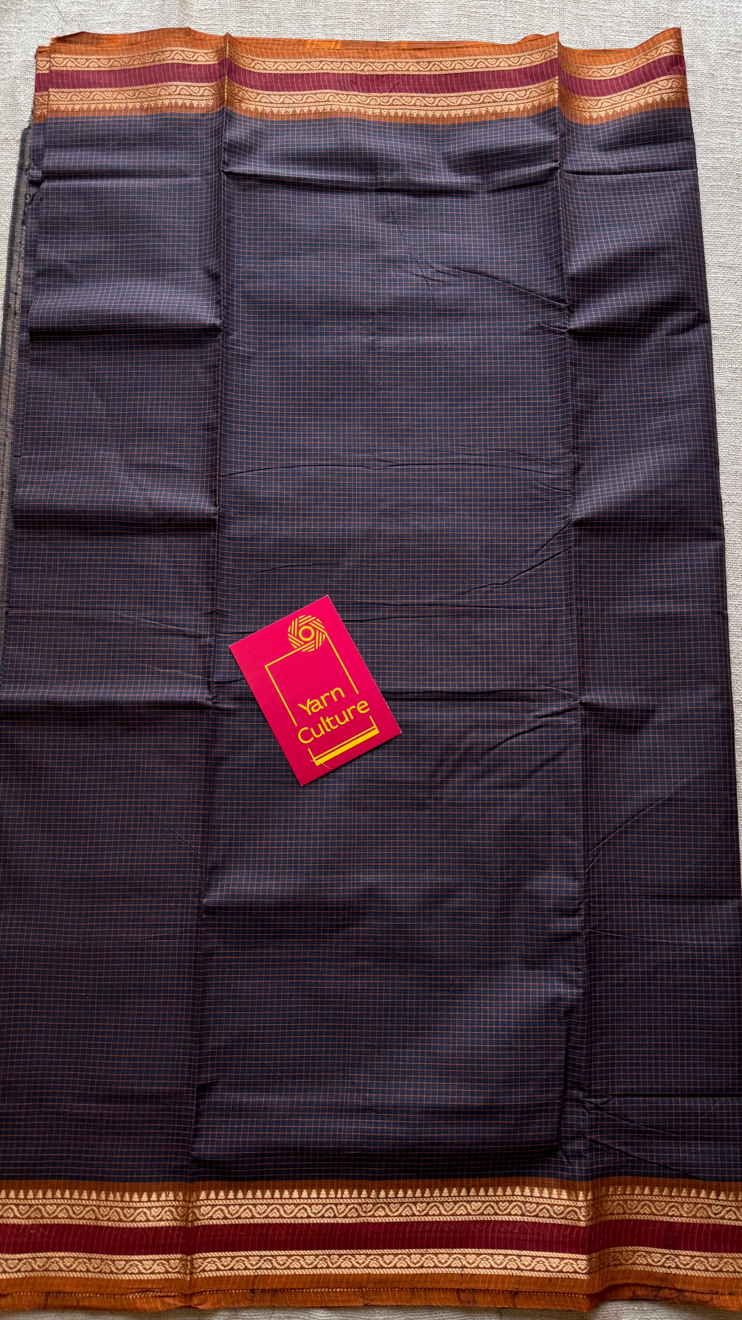 Dark grey Chettinad cotton saree with yellow mini checks - YCCOTNCCFE143