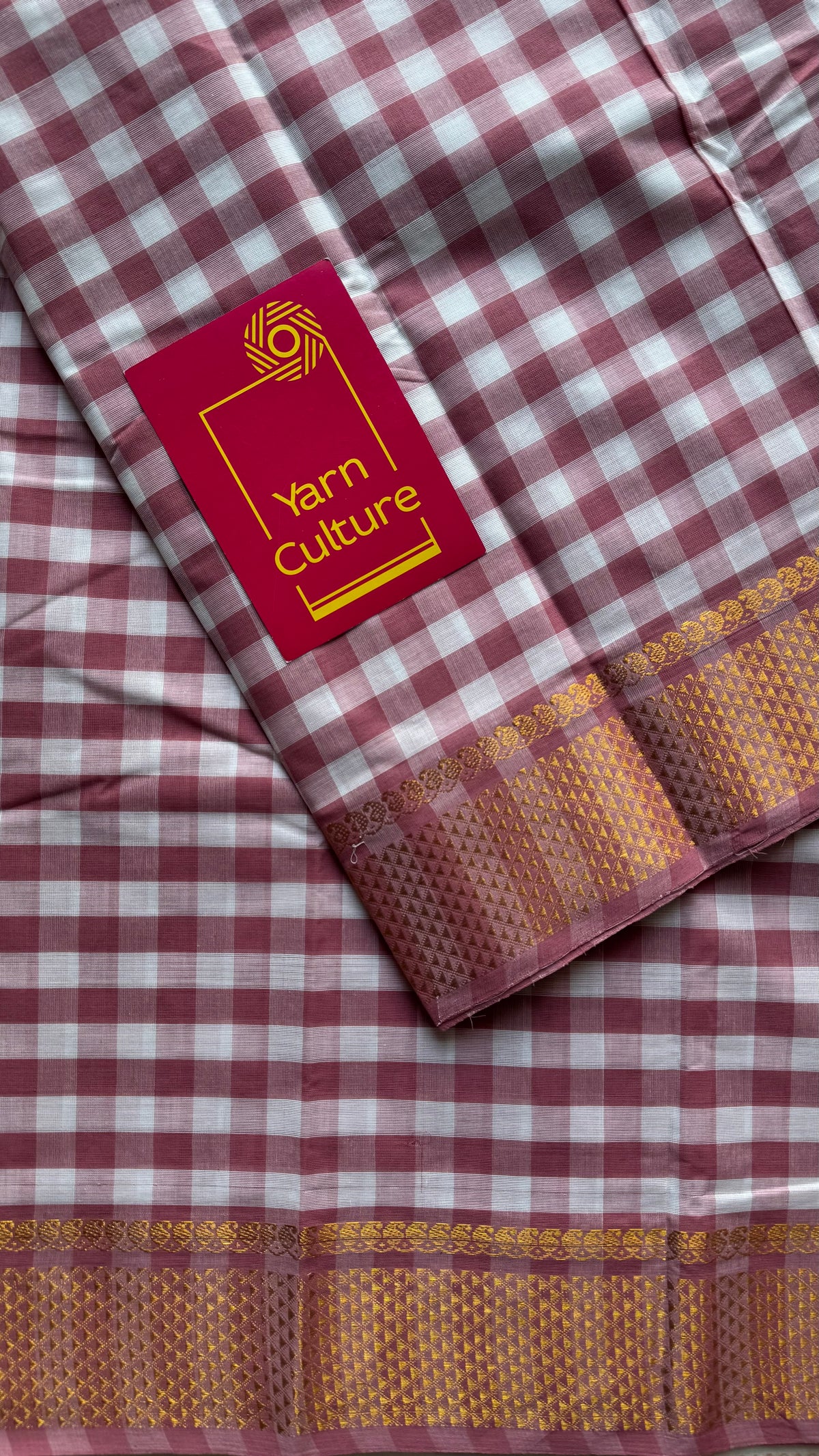 Chettinad cotton saree with mauve pink and white checks, zari motif border - YCCOTNCKSE46