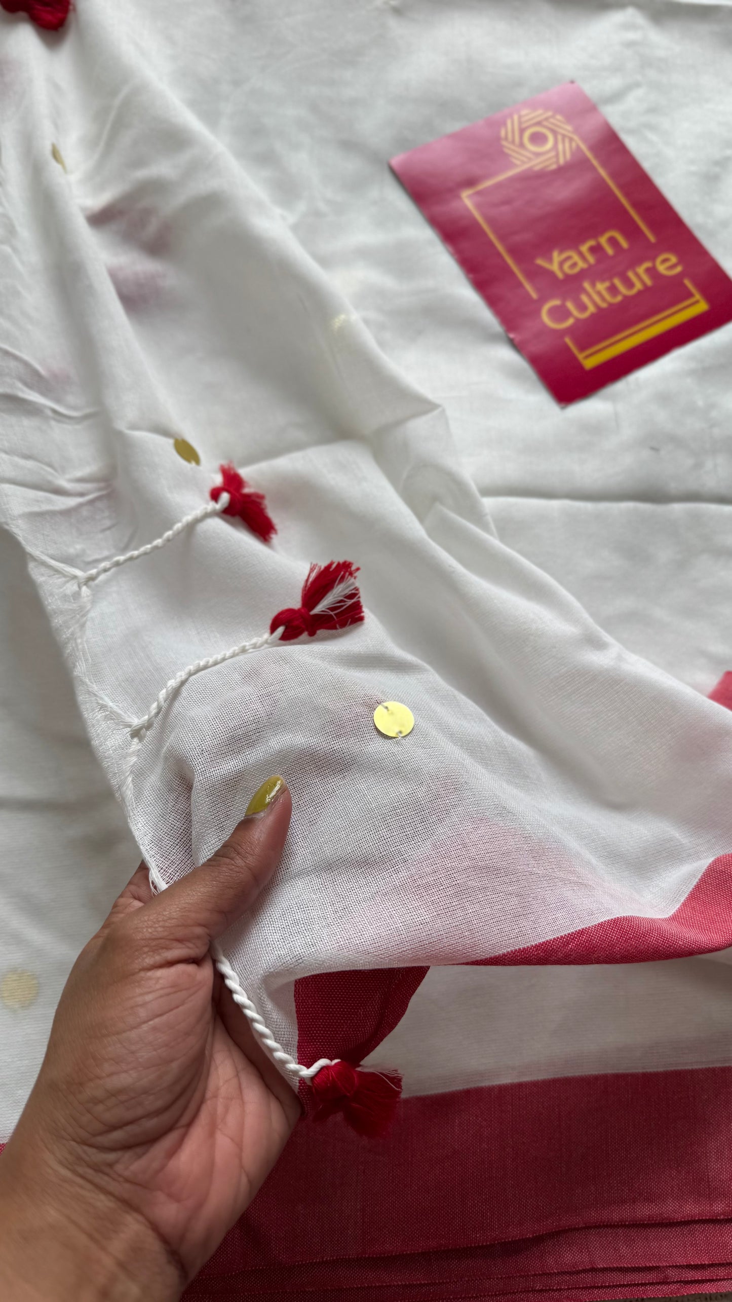 White with red border, gini sequins, soft cotton - YCBCDP06