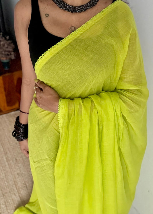 Lime green plain mul with lace border - YCBCMCLSE03