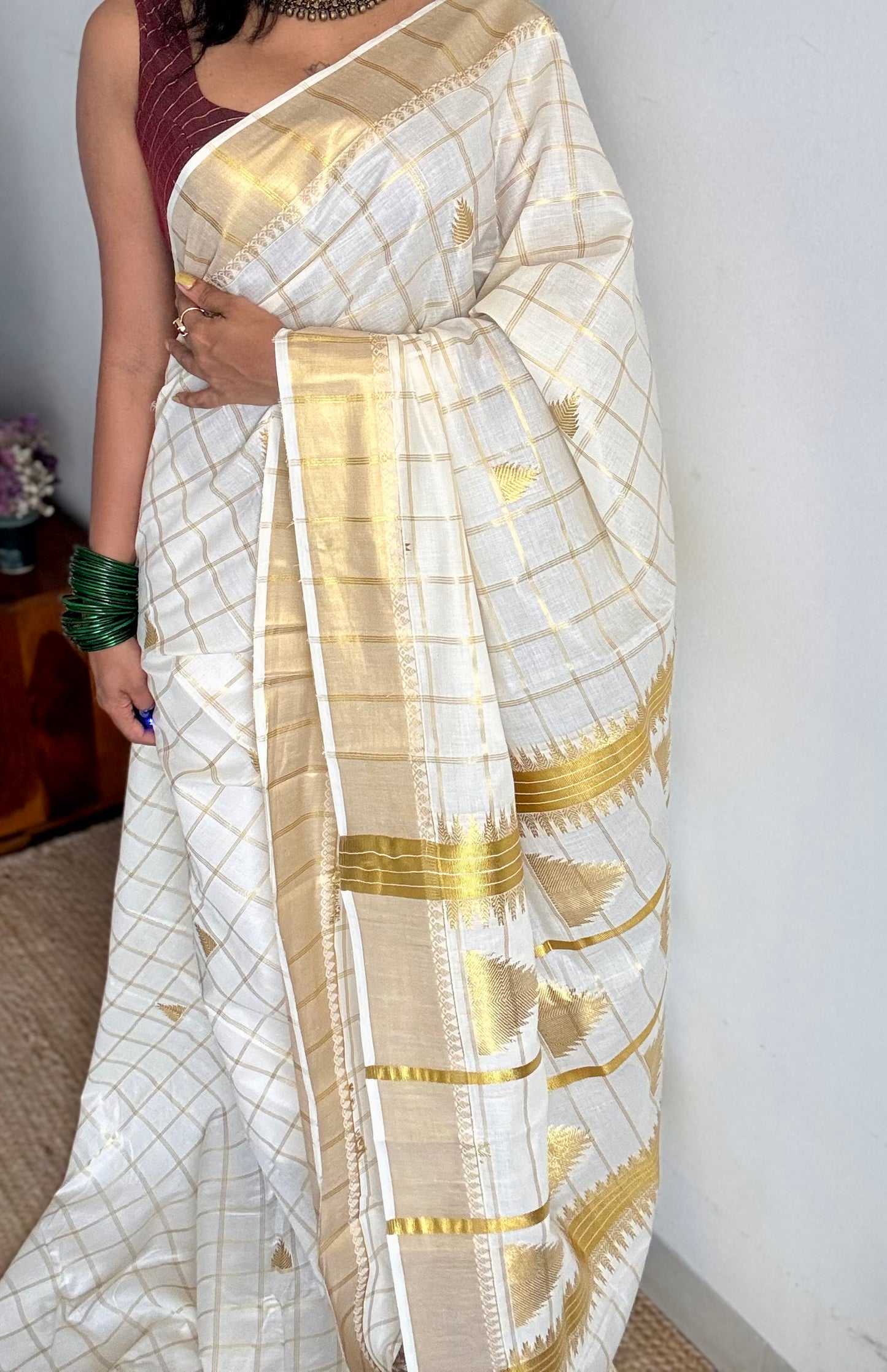 Ivory Kerala cotton saree with checks and gold jacquard motifs - YCIEKCFE319