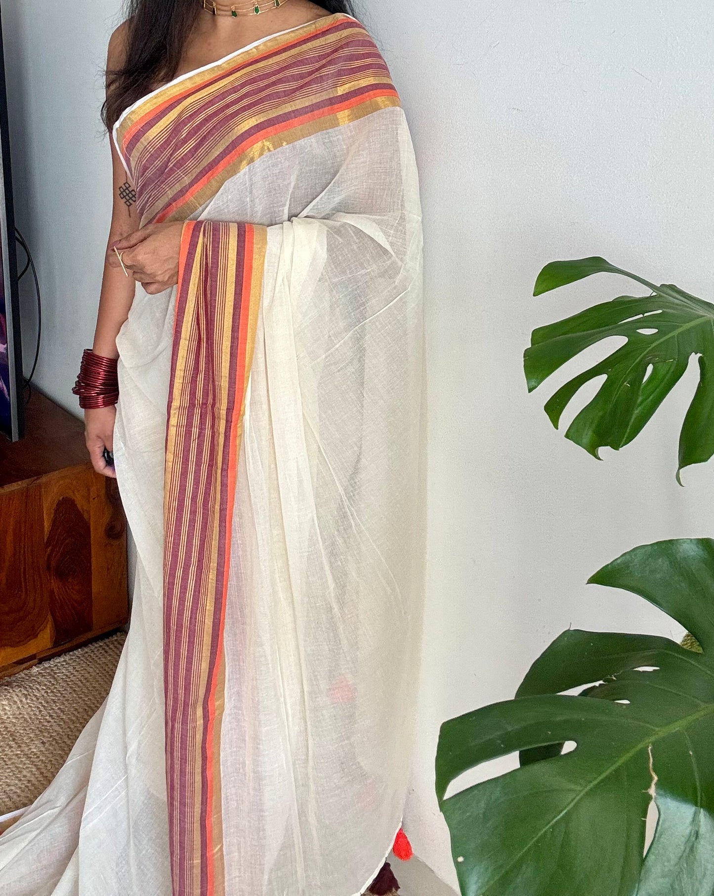 Ivory mul saree, deep maroon, orange, gold zari border - YCIEON02