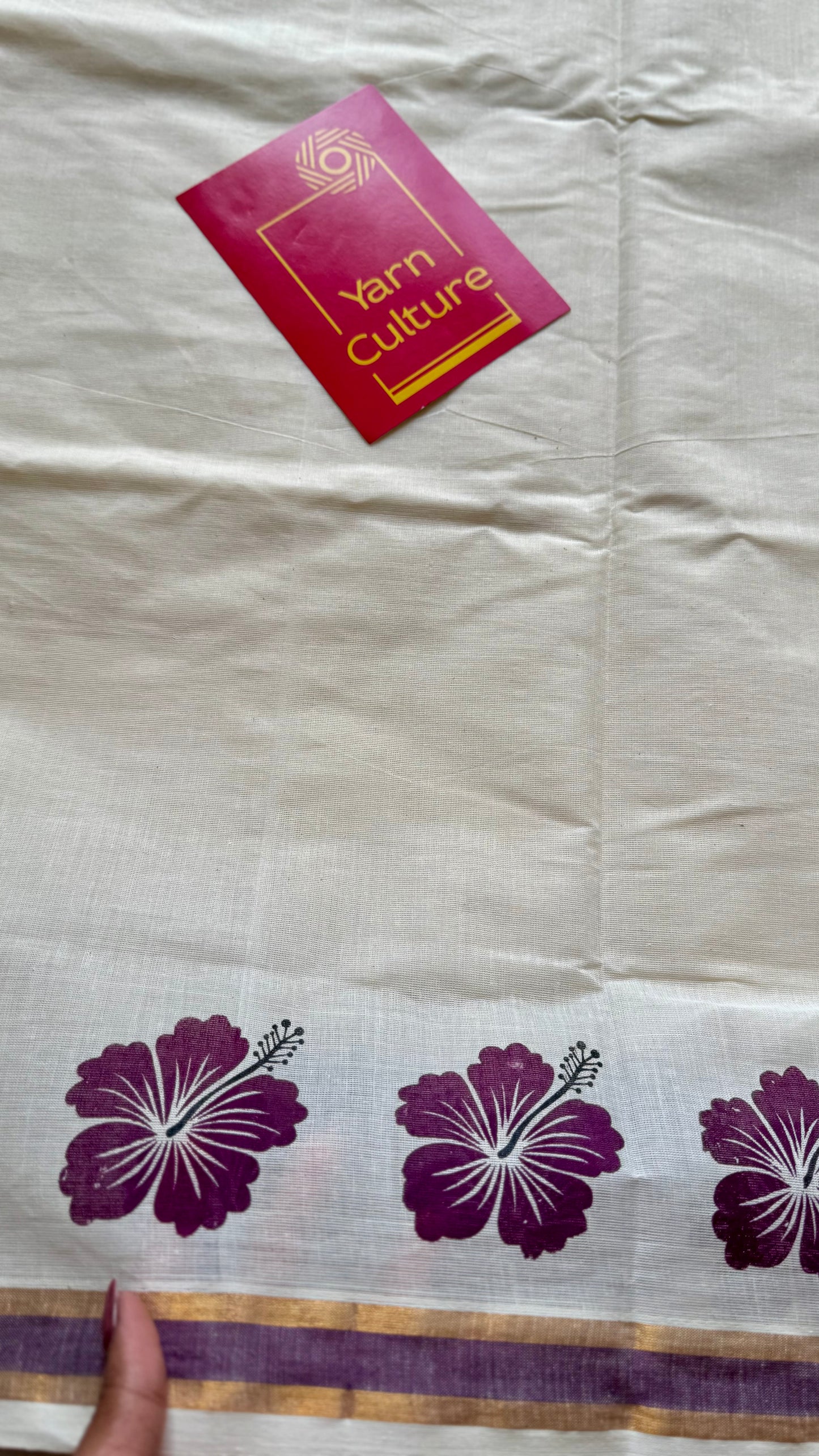 Ivory and gold soft cotton saree, wine hibiscus (chembarathi) flowers - YCIEON63
