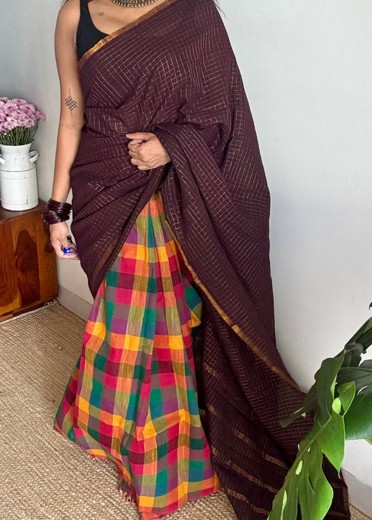Dark brown mini checks with multicoloured madras checks, cotton half and half saree - YCCOTNIDOC165