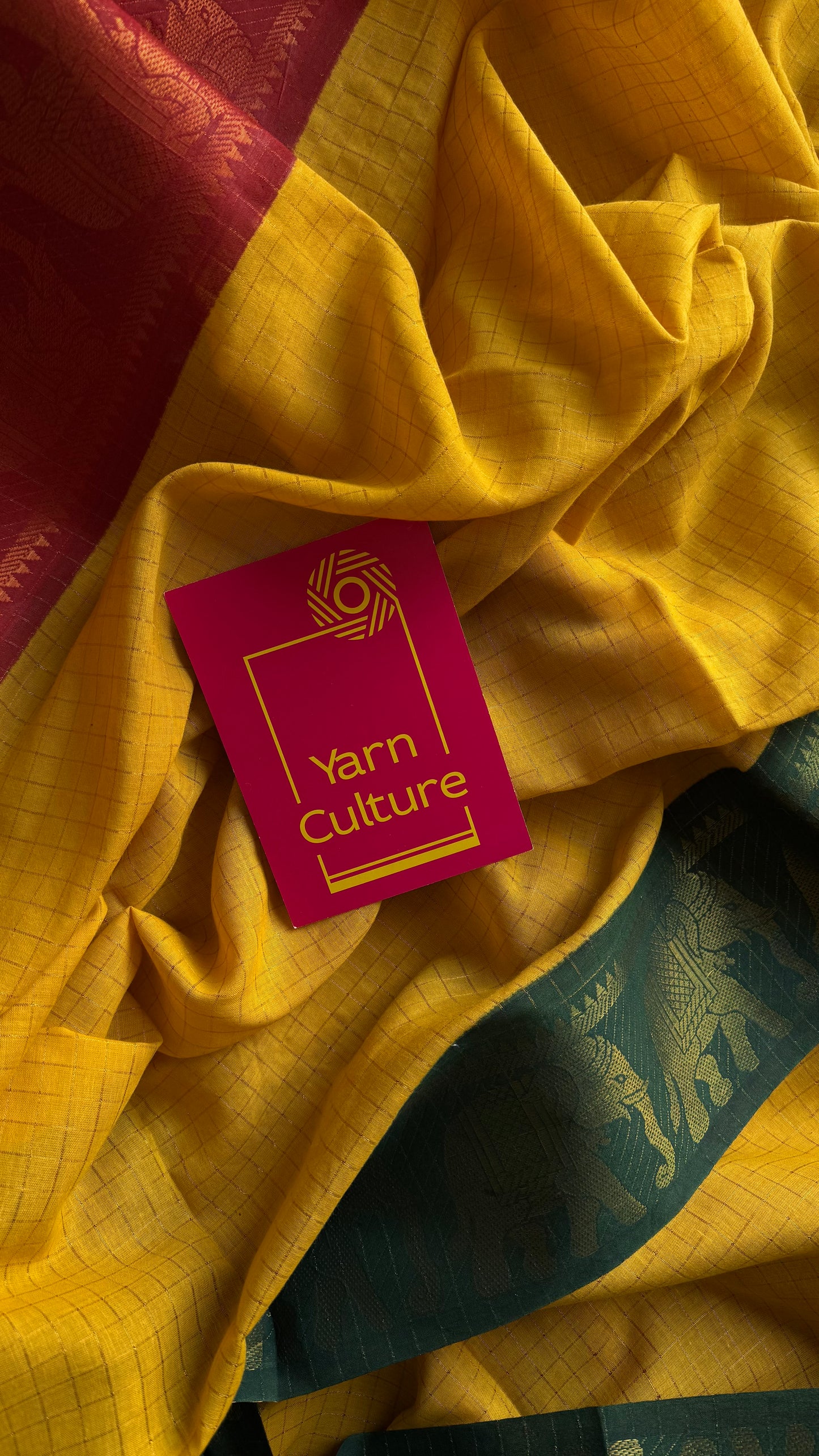 Sungudi cotton checks, yellow base, red and dark green border with elephant motifs, soft cotton - YCCOTNGJJA171