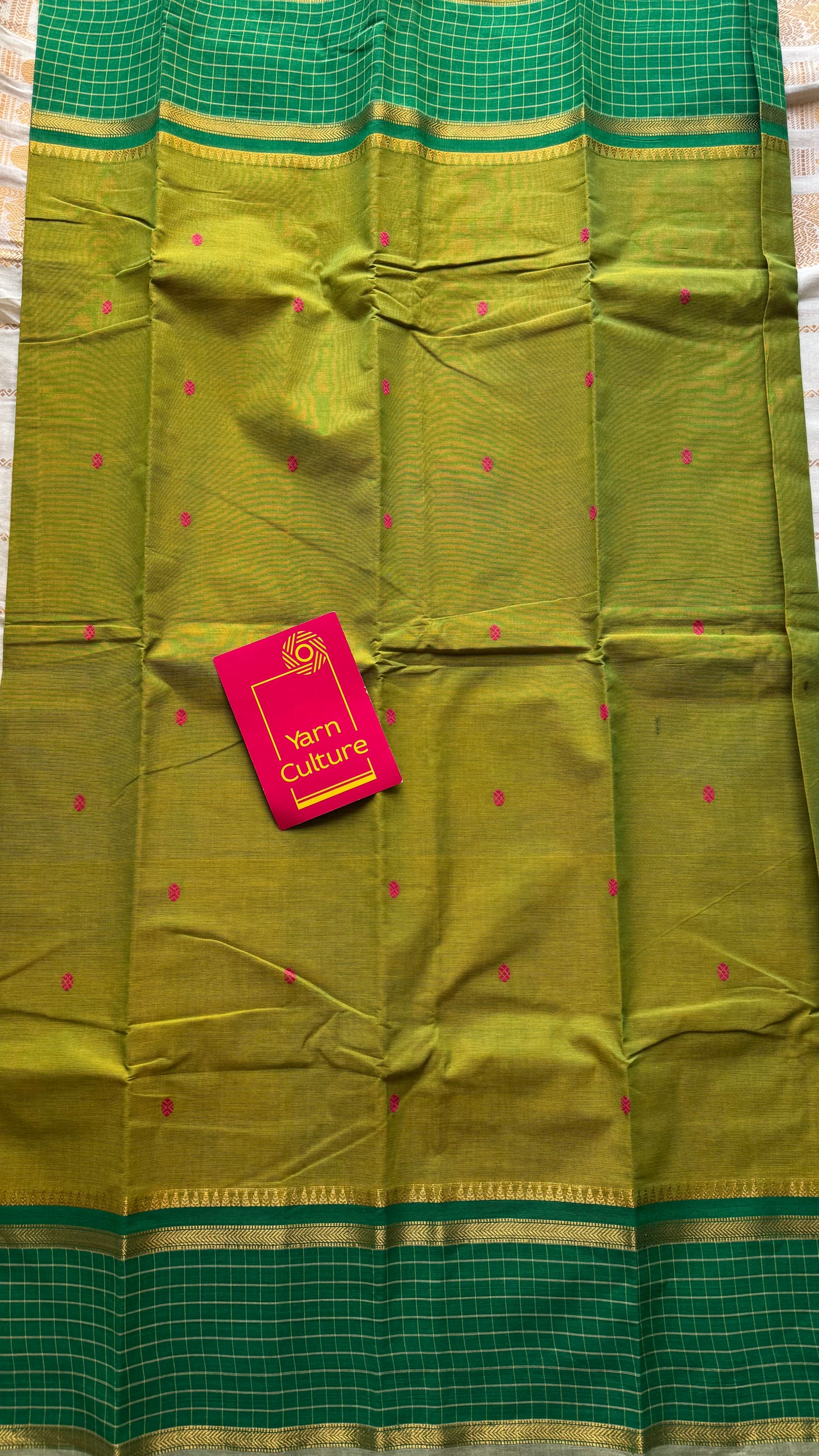 Light green and dark green contrast, Chettinad cotton saree with checkered border - YCCOTNMA274