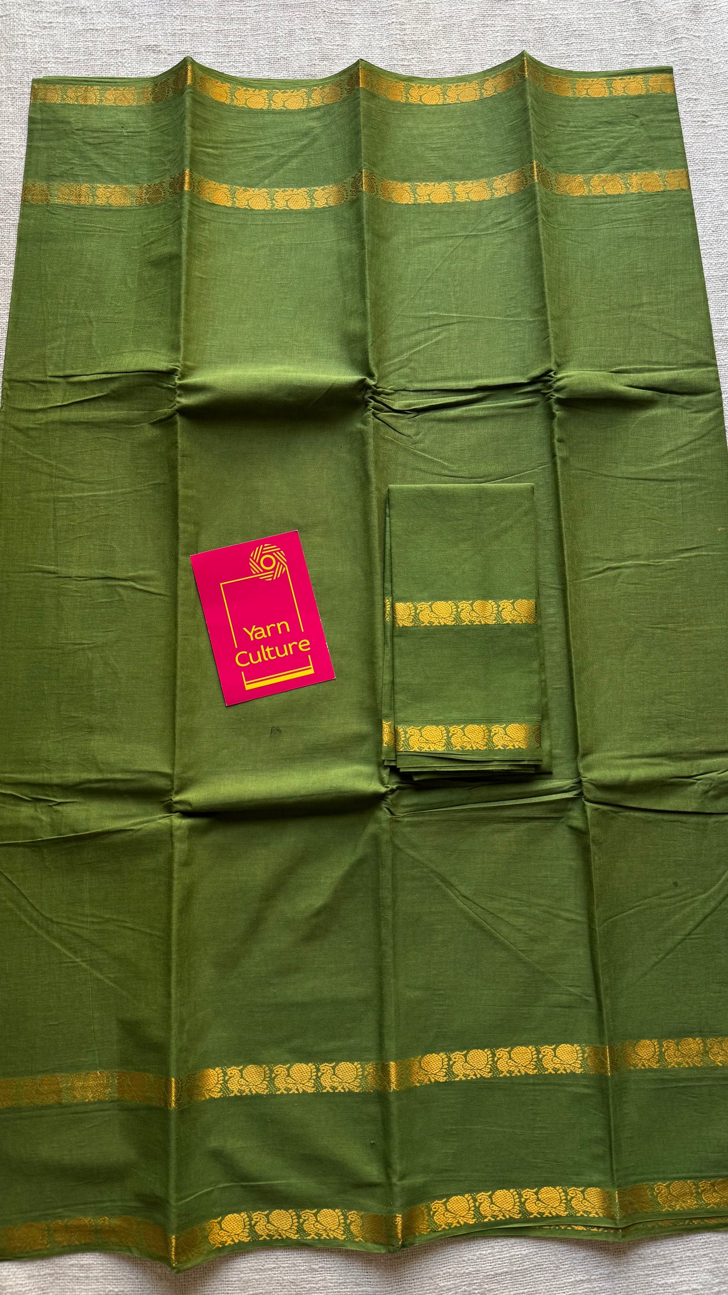 Olive green rettaipettu peacock double bordered, kattuchayam dyed madurai cotton saree - YCCOTNMSFE271