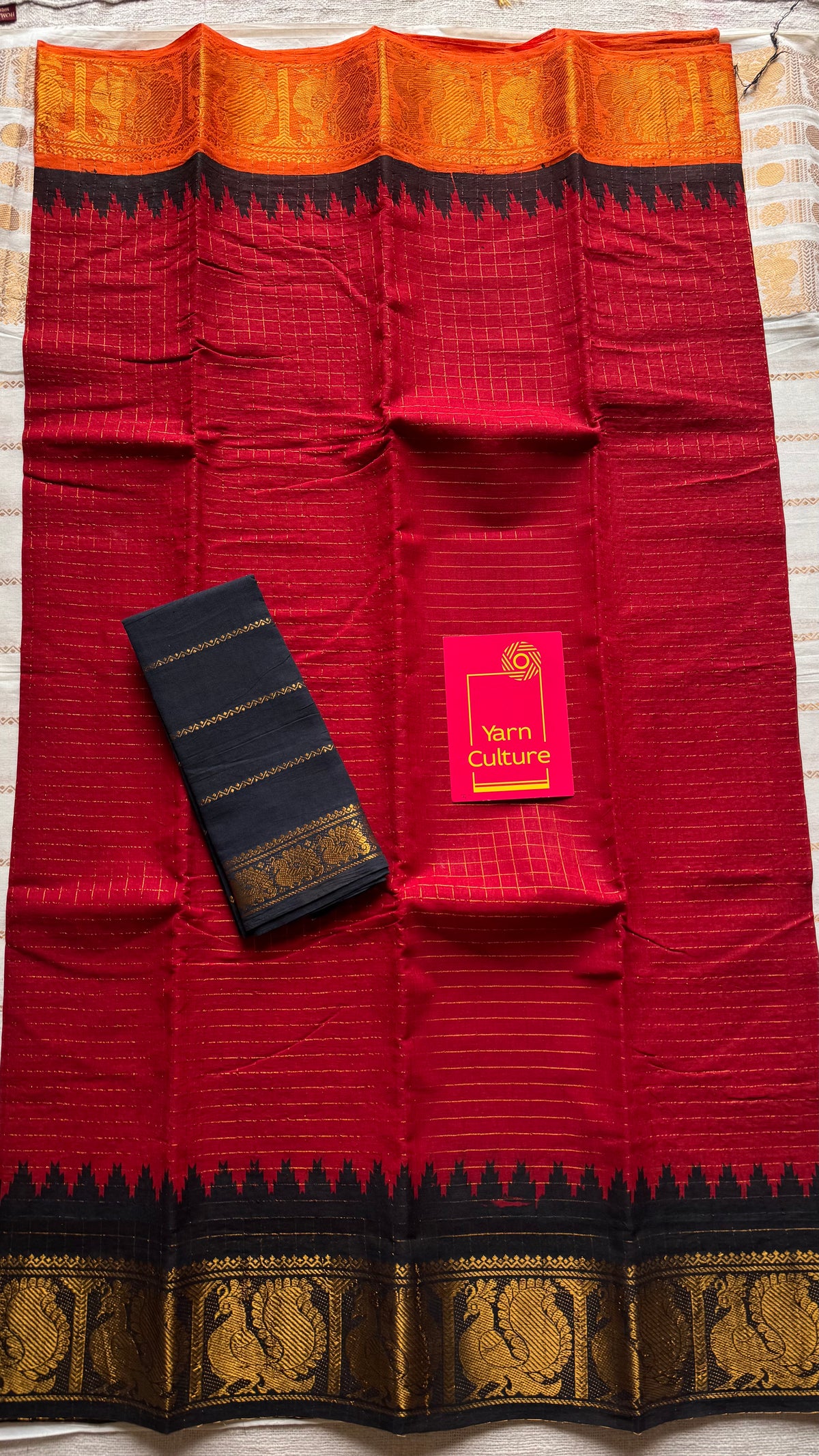 Sungudi cotton checks, red base, orange and black dual tone border, soft cotton - YCCOTNMSSE11