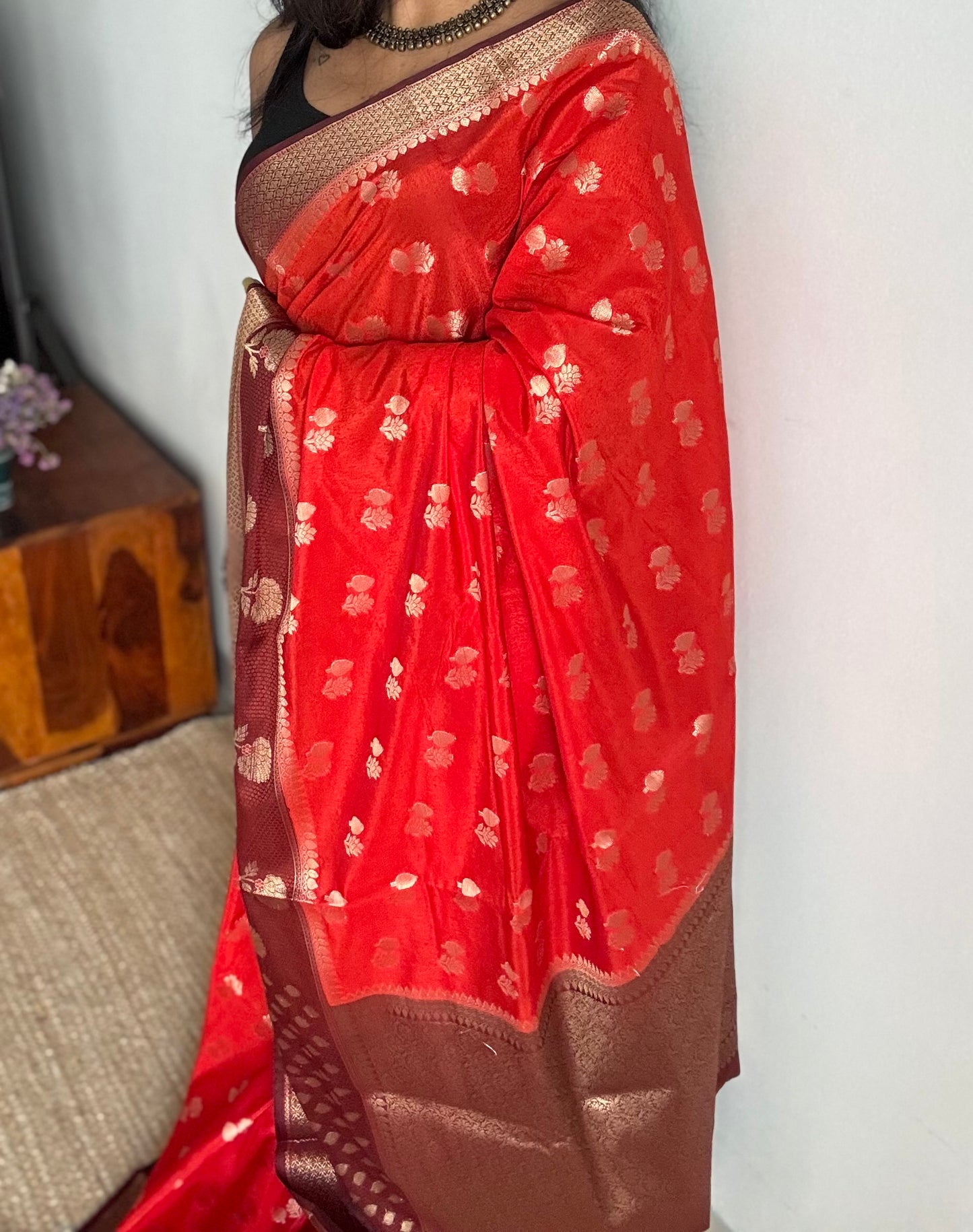 Dark orange with coffee brown border, semi dupion silk - YCBLSSJA24