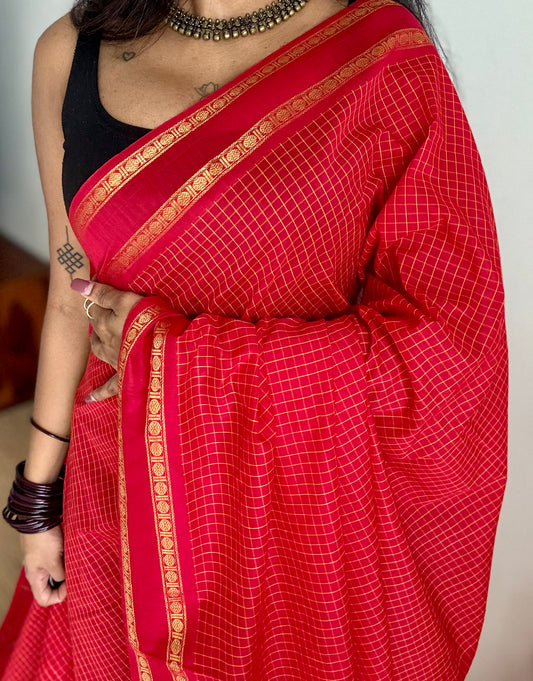 Chilli red arani checks saree, cotton silk - YCCOTNAUG20