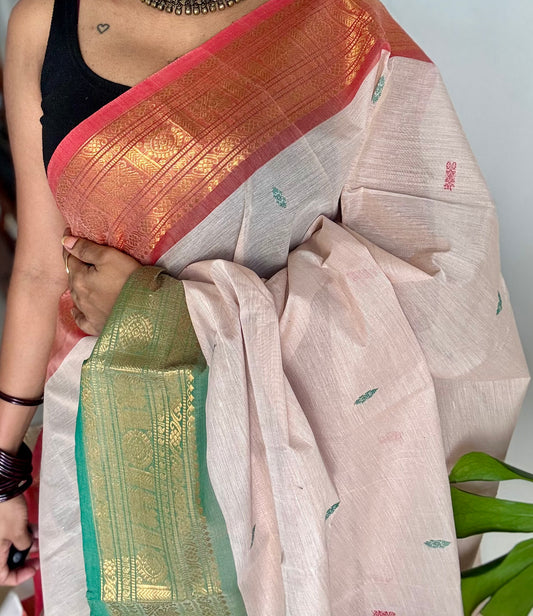 Beige with green pink and coral red contrast, kanchi cotton saree - YCCOTNMA327