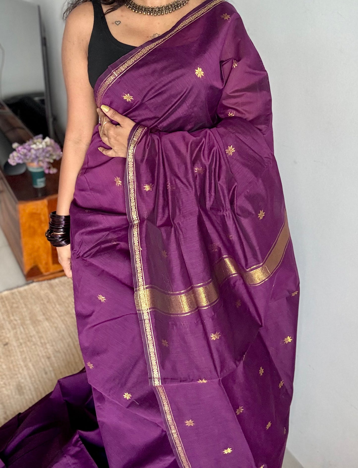 Grape wine, gold buttas, semi maheshwari cotton silk - YCCOTNCSDE87