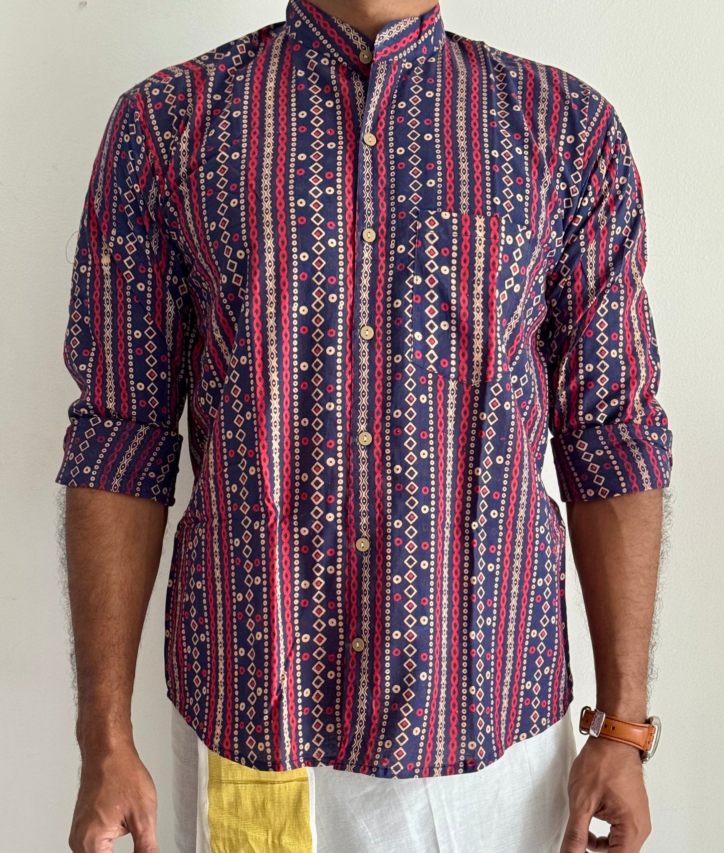 Dark Blue & Red Striped Block Printed Cotton Men's Mandarin Collar Kurta Shirt - YCMSEIE195