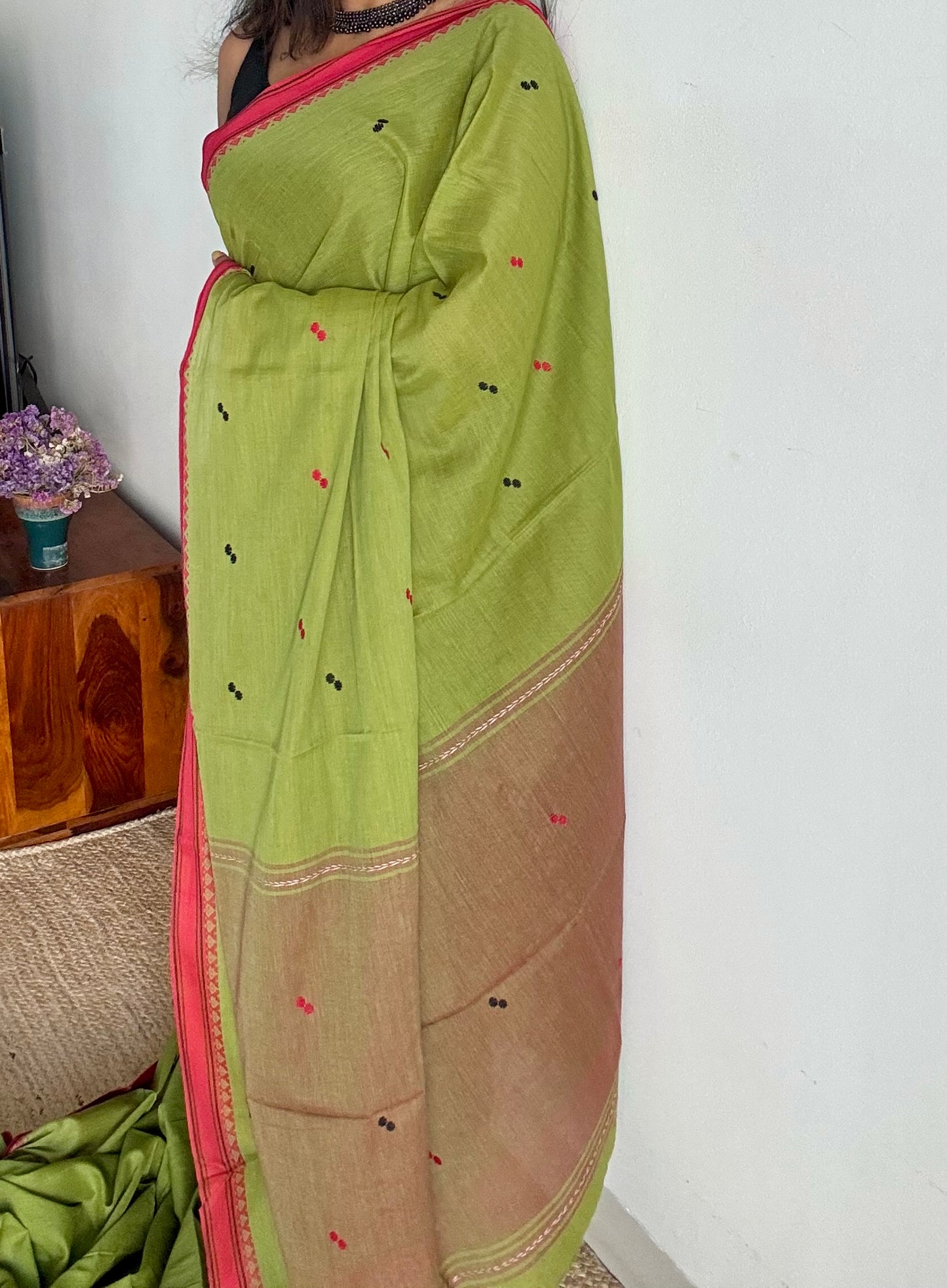 Dhonekhali handloom soft cotton saree,parrot green with red thread border, red and black woven buttas - YCBCDFE260