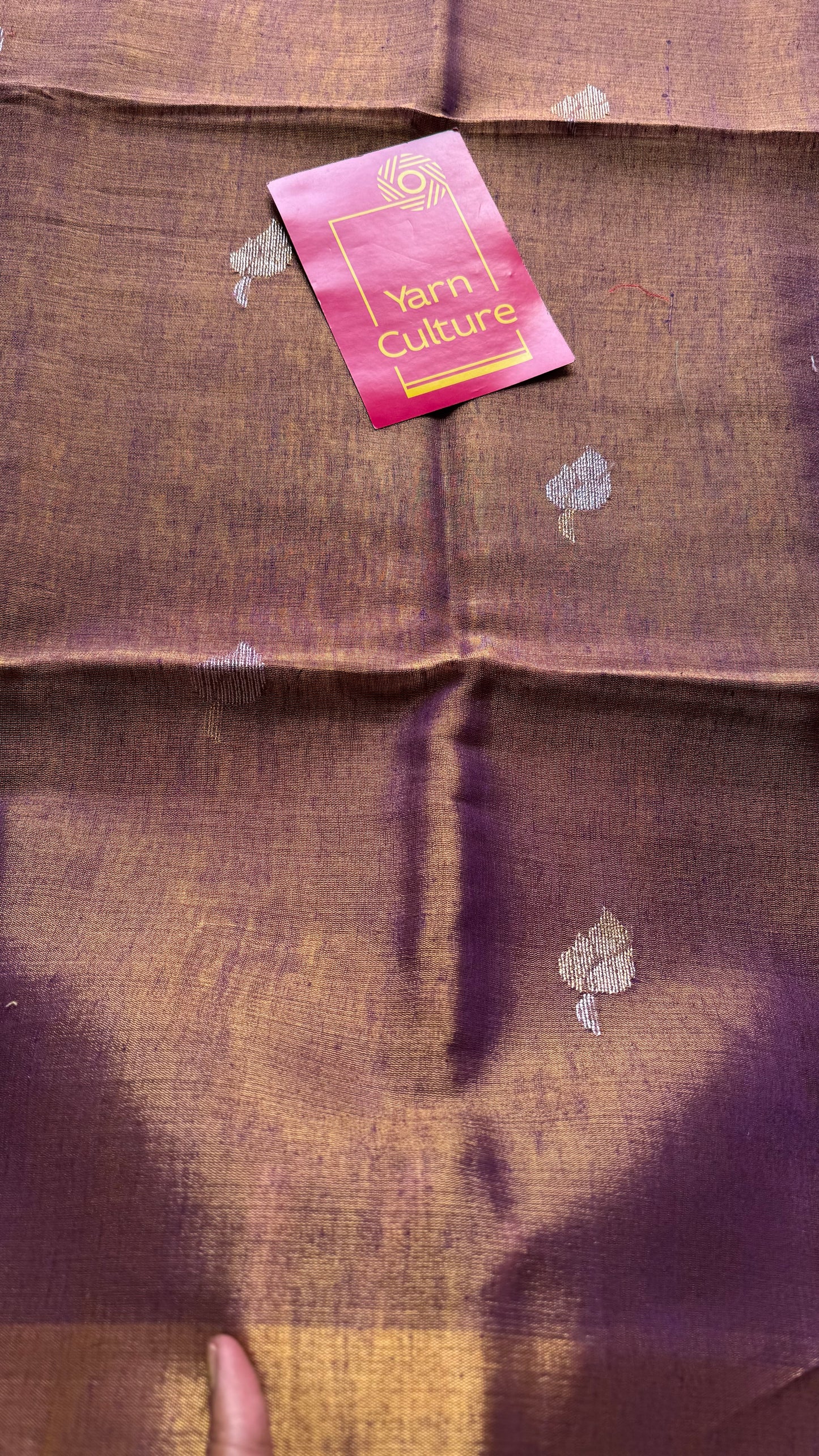 Handwoven purple gold dual tone tissue linen saree with lotus motifs - YCBCLTFE401