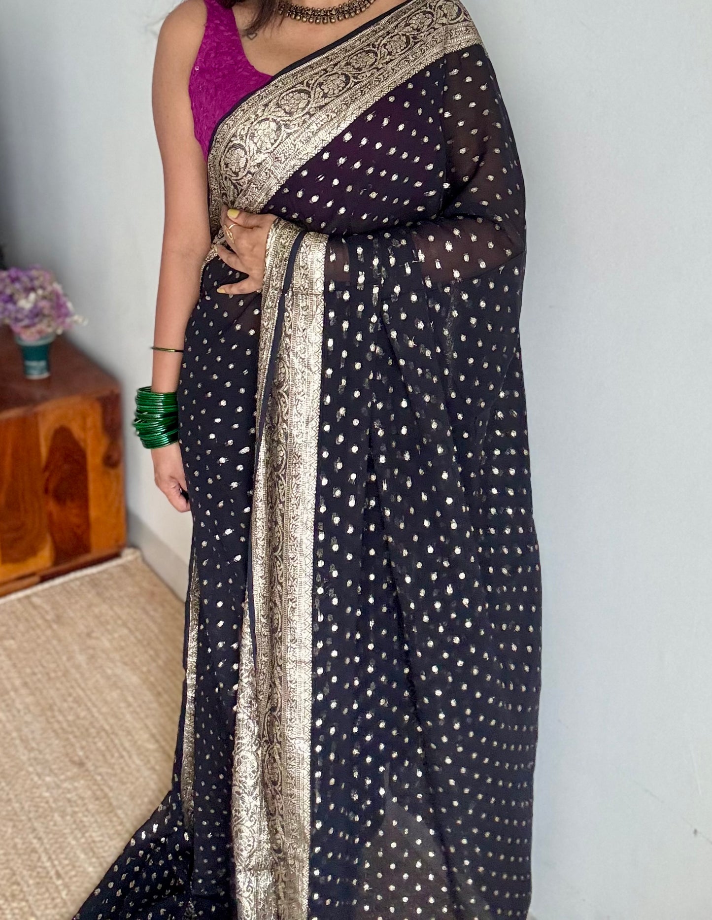 Black viscose georgette saree with zari motifs - YCDOSFE206