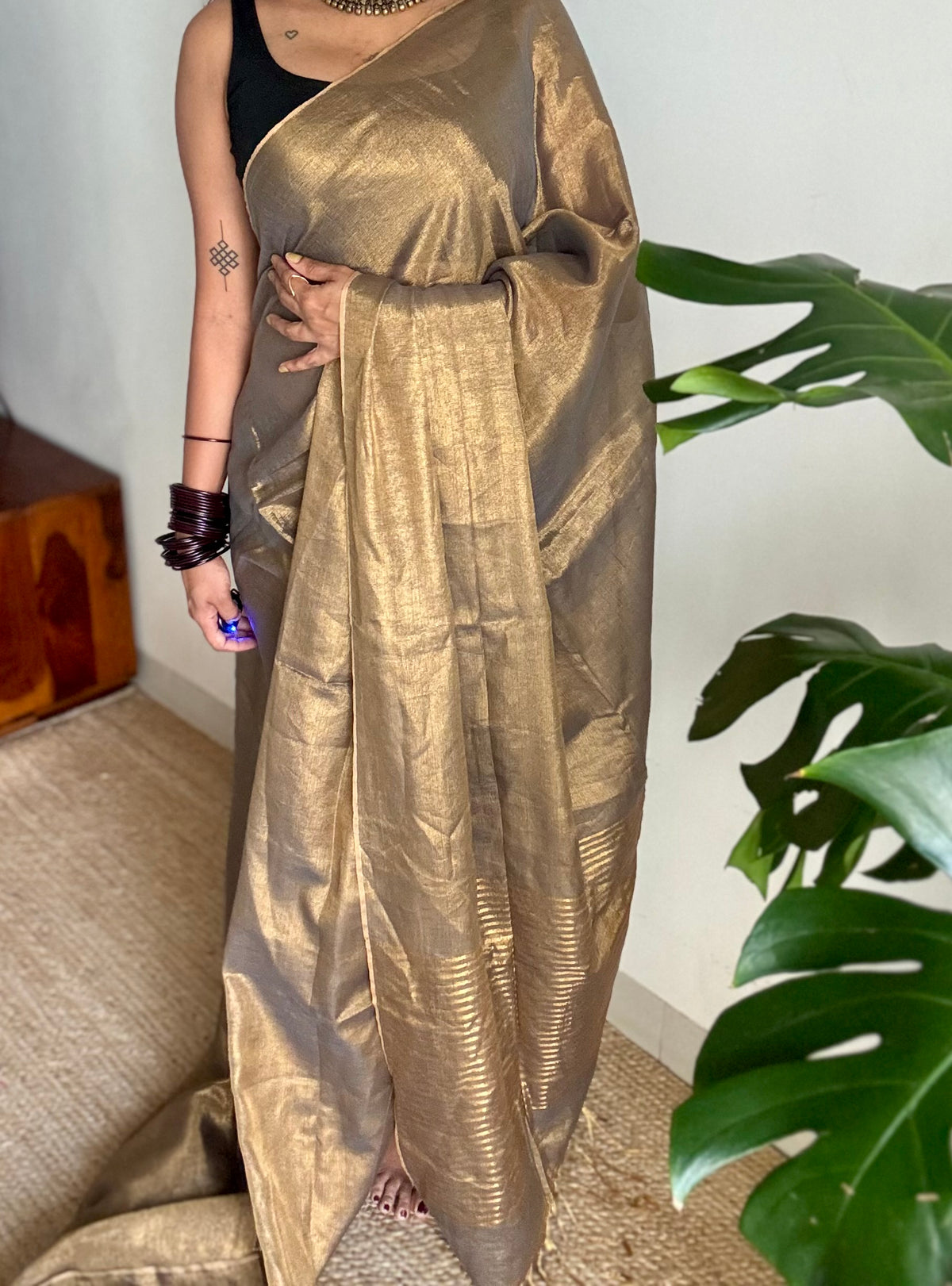 Bronze with gold, dual tone metallic tissue linen saree - YCBCLTOC61