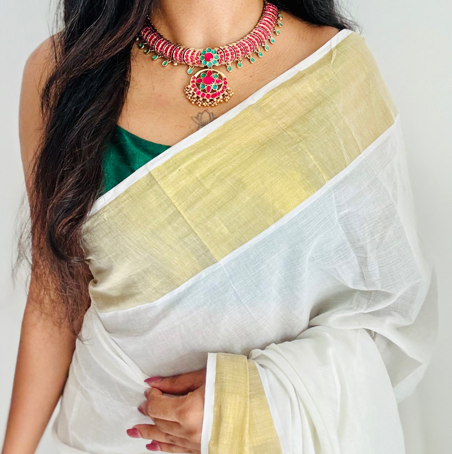 Ruby green stone statement neckpiece with earrings - YCGPNP747