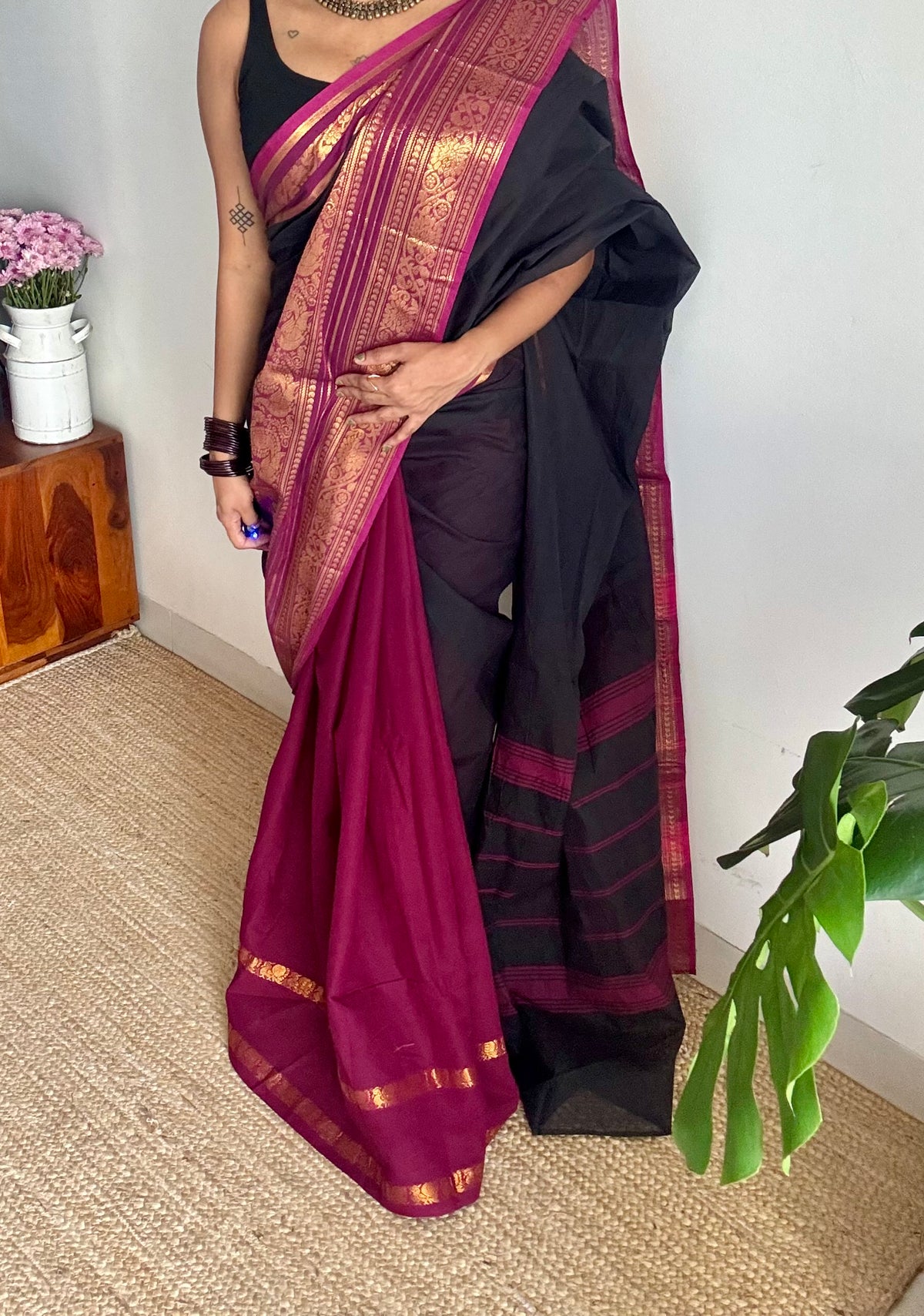 Black with purple pink (vadamalli), with sungudi and chettinad cotton half and half saree - YCCOTNIDOC128
