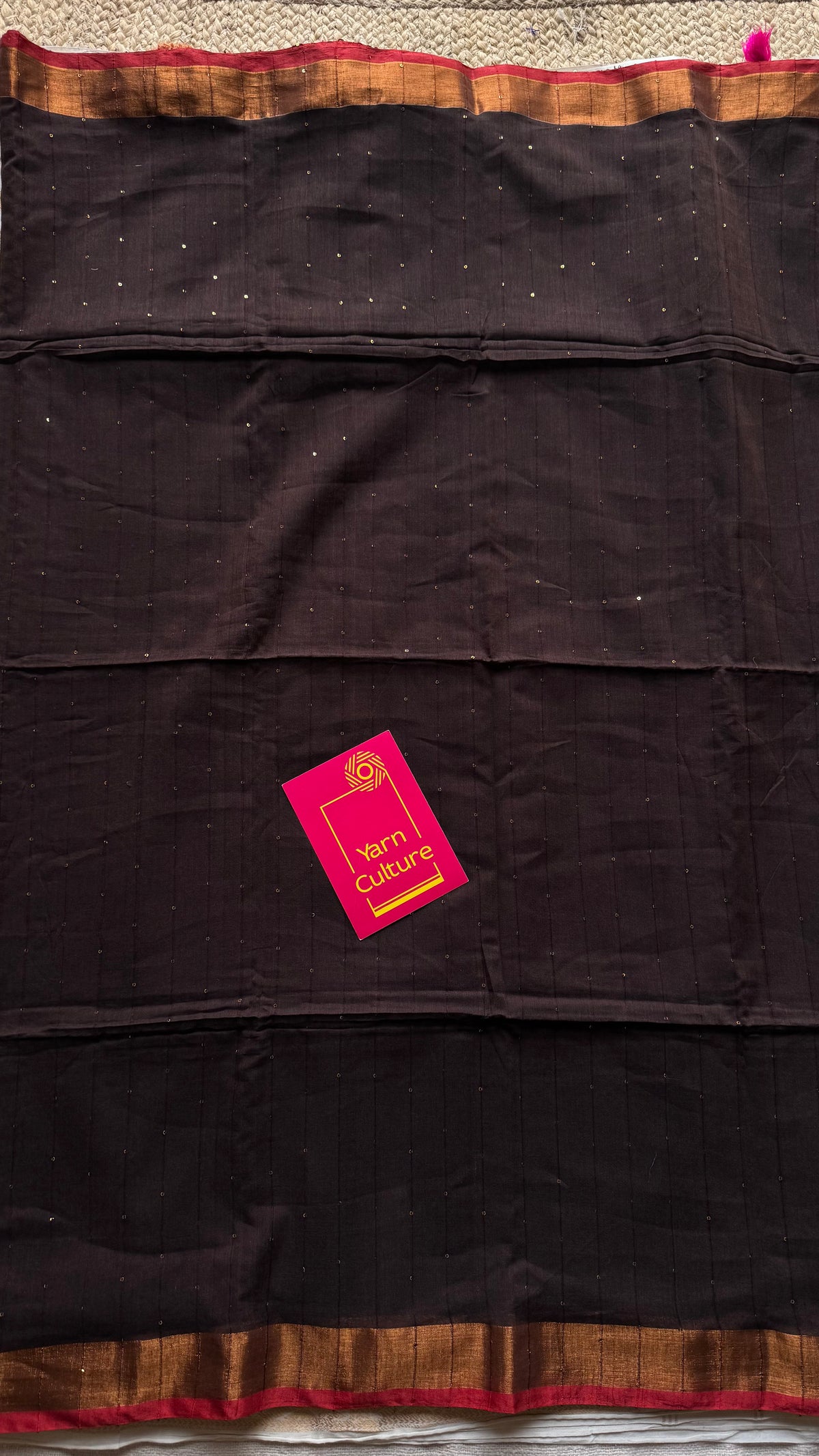 Brown mul cotton saree with sequins and zari border - YCBCMCSE33