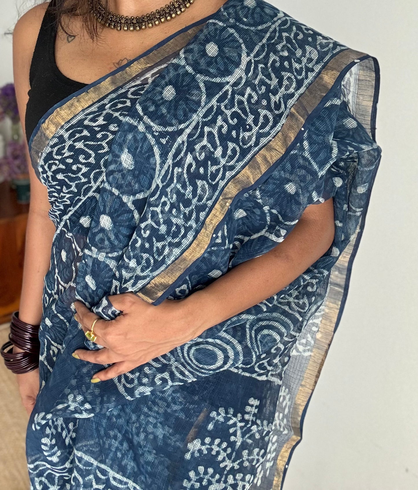 Neel Full Volume - indigo floral kota doria saree, with gold zari border - YCTORKDAP06