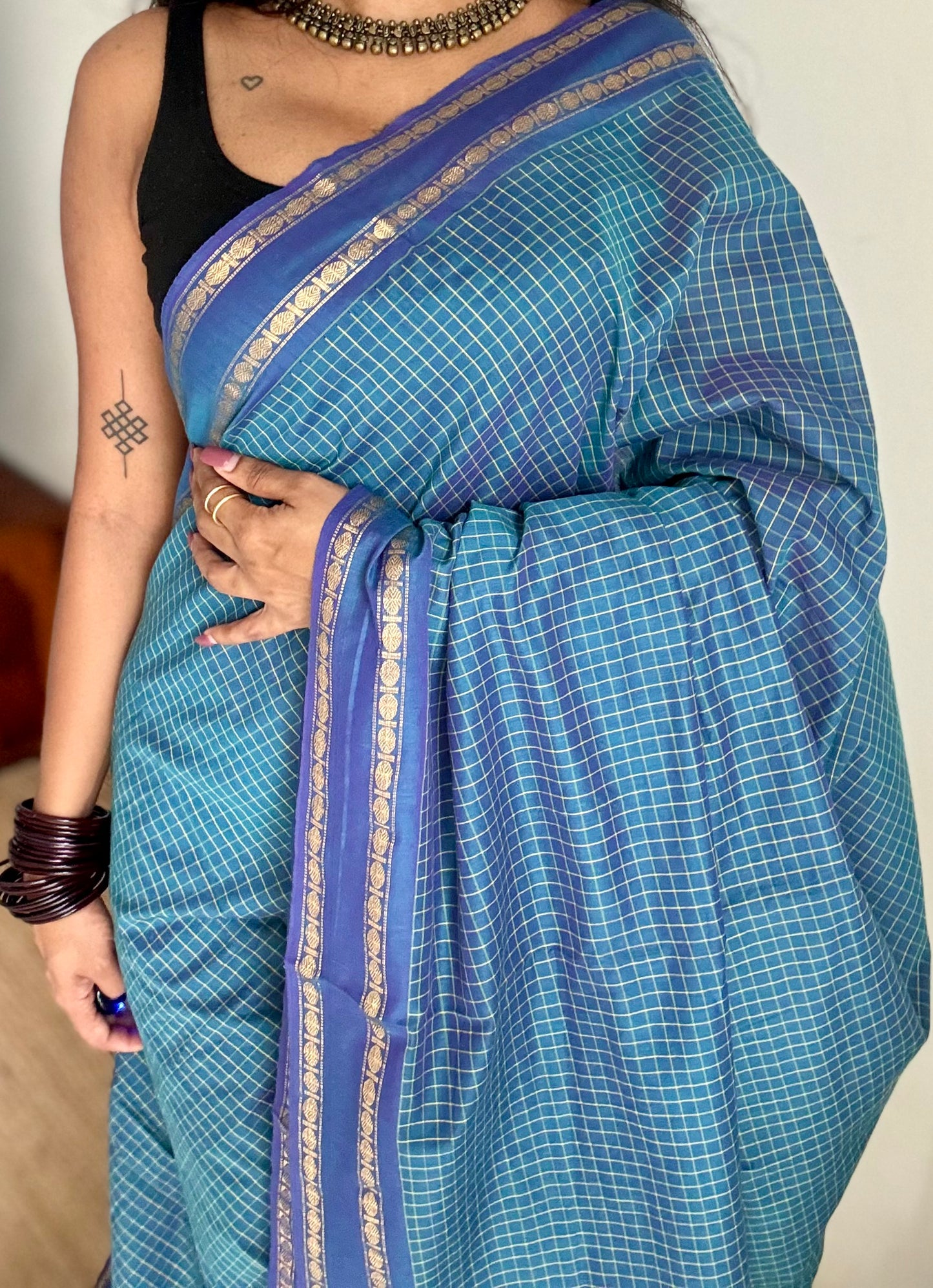 Peacock blue, arani checks saree, cotton silk - YCCOTNAUG21