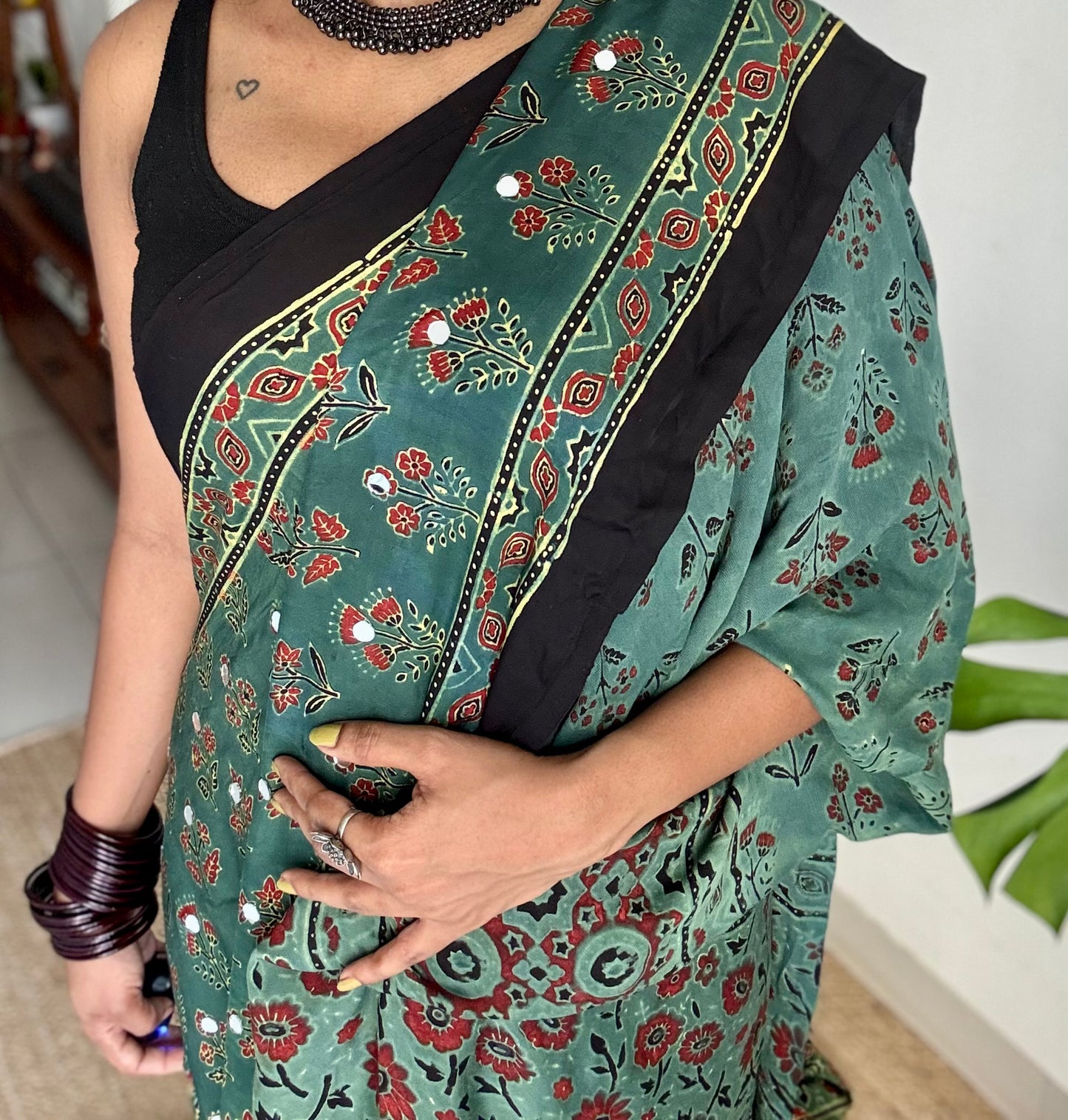 Jade green pure modal silk saree with ajrakh handblock print and mirror work - YCTOKAJM340