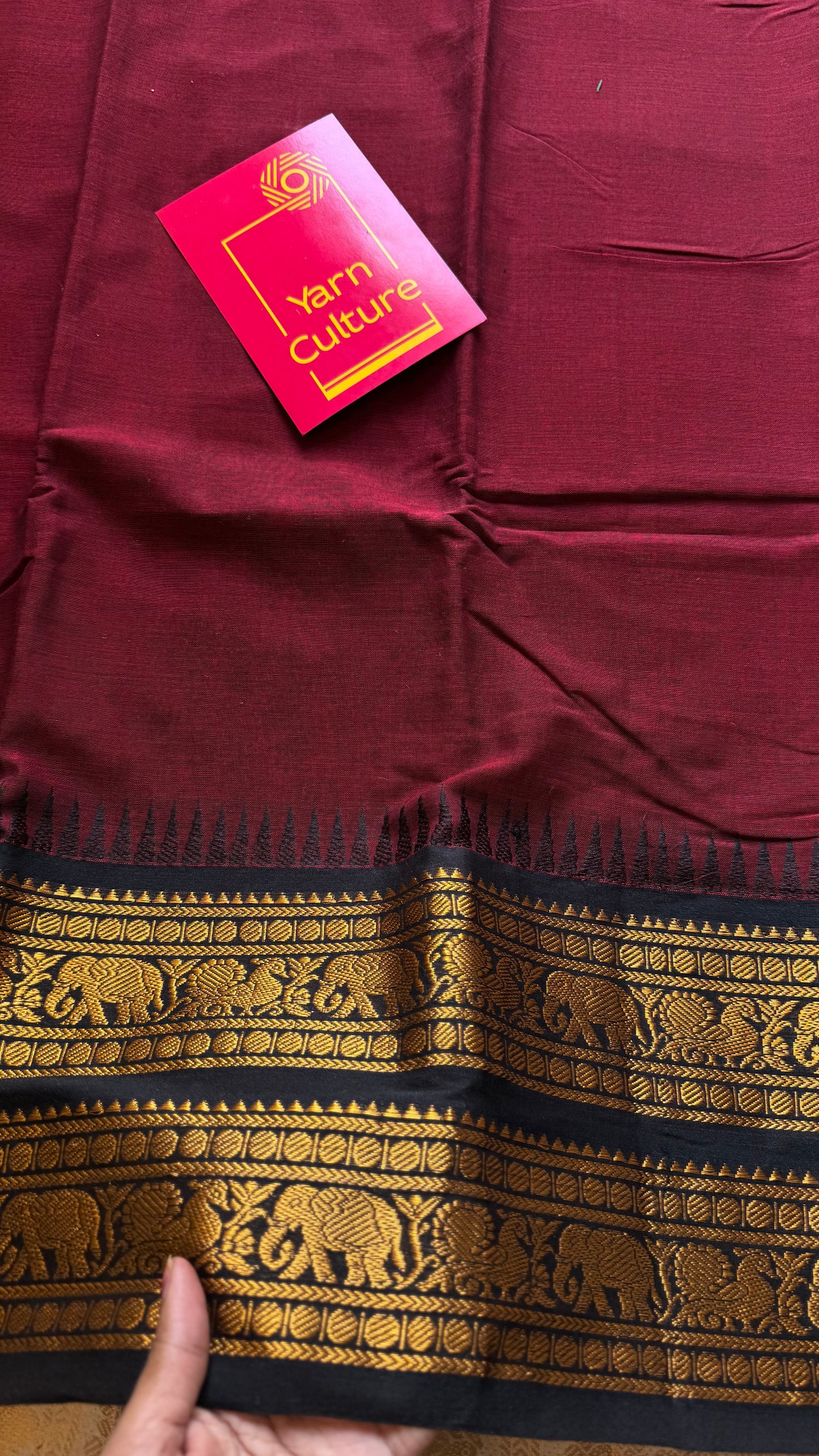 Kanchi cotton saree, dark red with black wide zari border - YCCOTNMA263