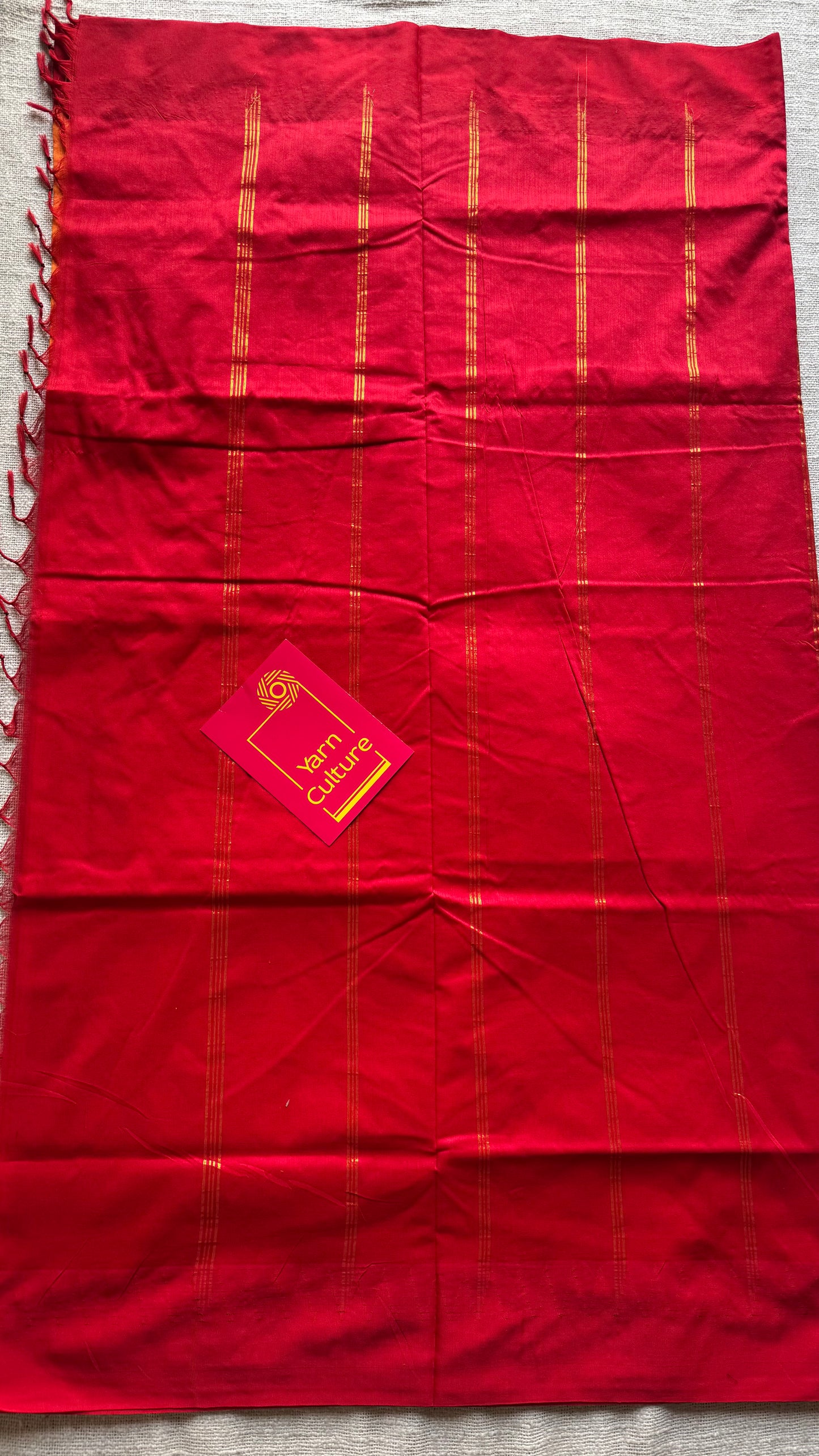 Light orange with red contrast, temple border saree, cotton silk - YCCOTNTBFE55