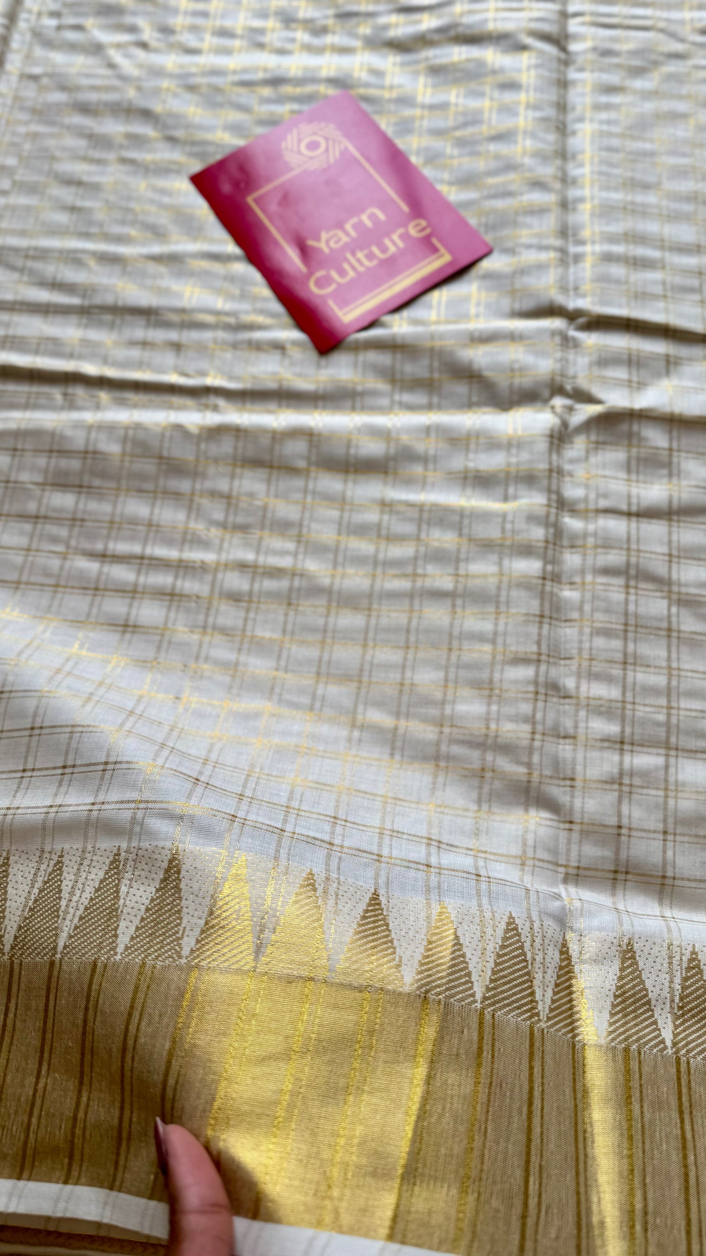 Ivory and gold kerala kasavu saree, checkered, temple border - YCIEON46
