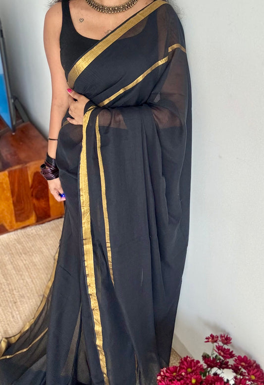 Black mul, antique gold zari, gap border pattern - YCBCMCGZSE69