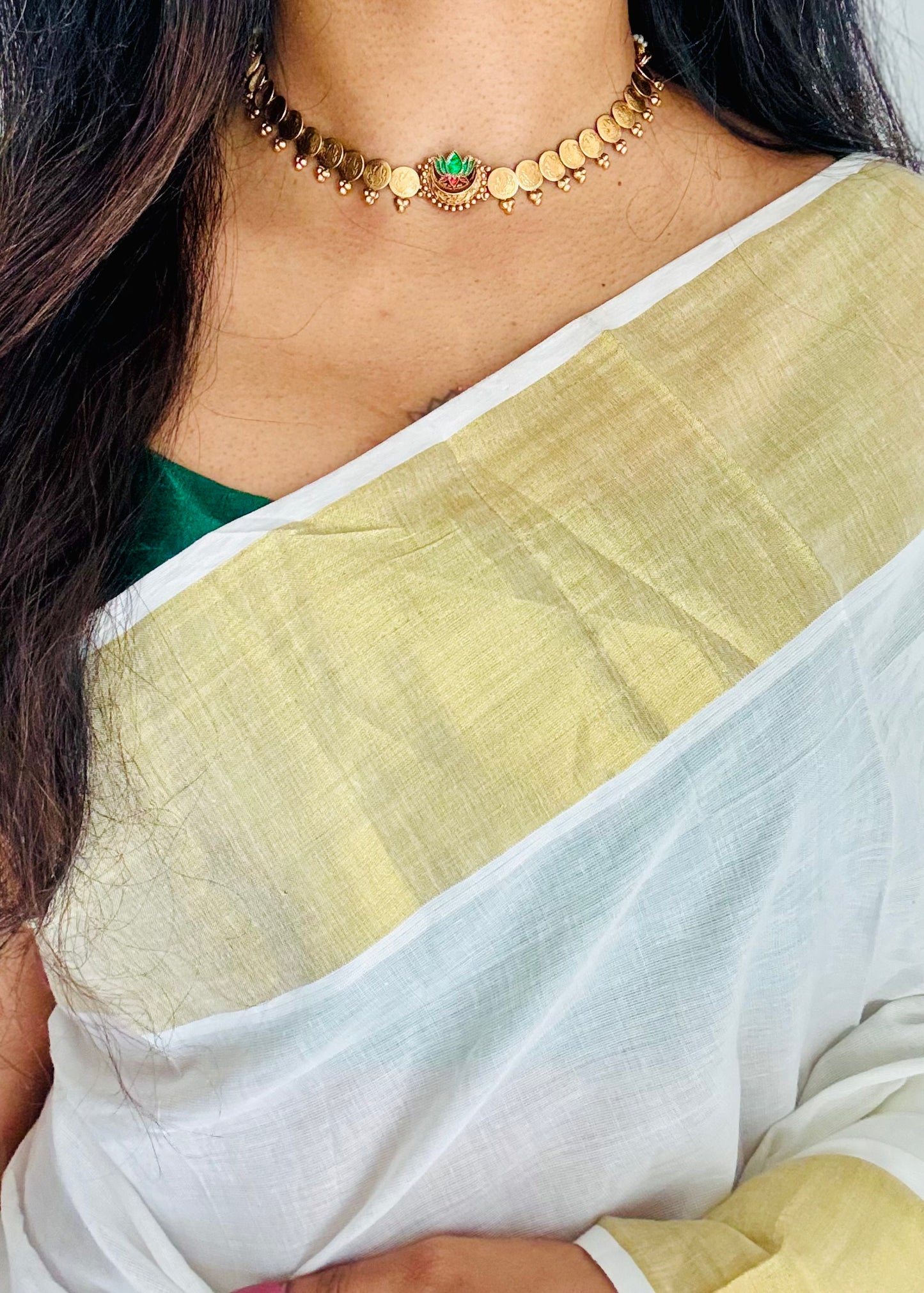 Coin necklace with green lotus pendant, with earrings - YCGPNP778