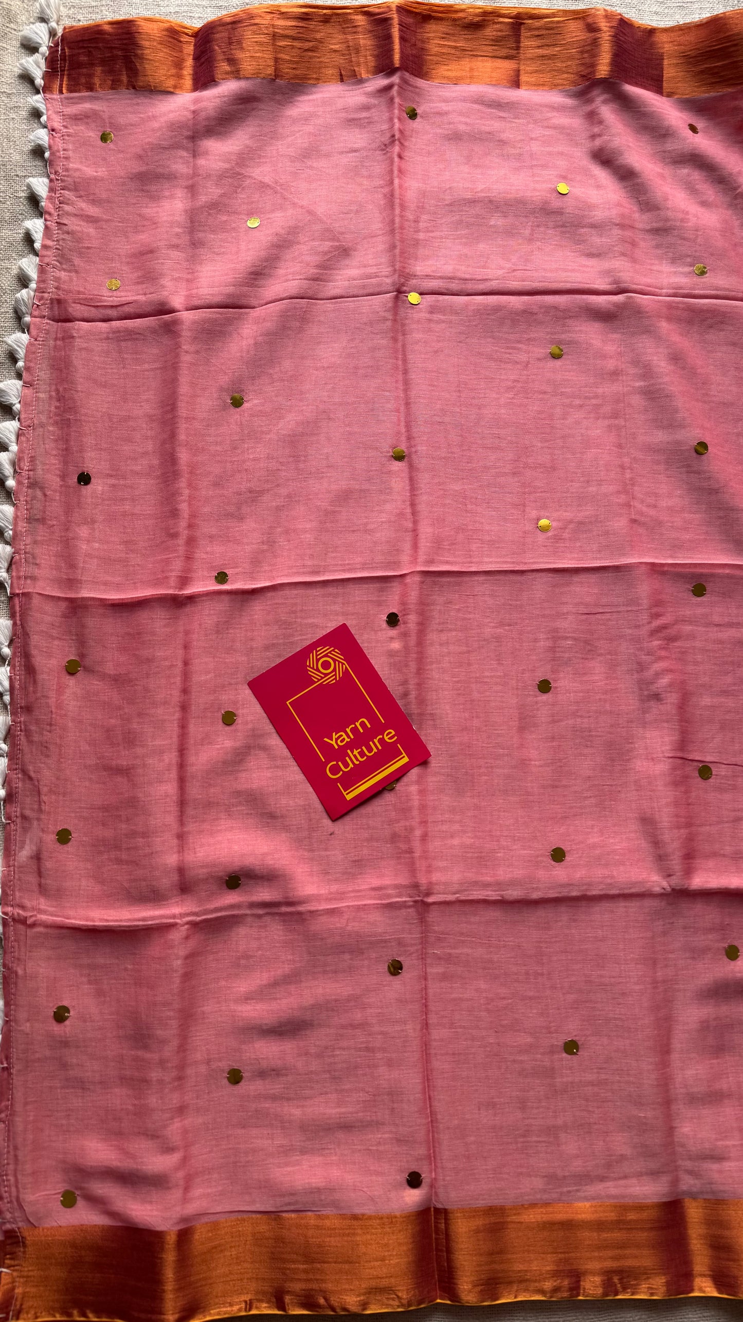 Pink mul with gini sequins and copper zari border - YCBCMCNO58