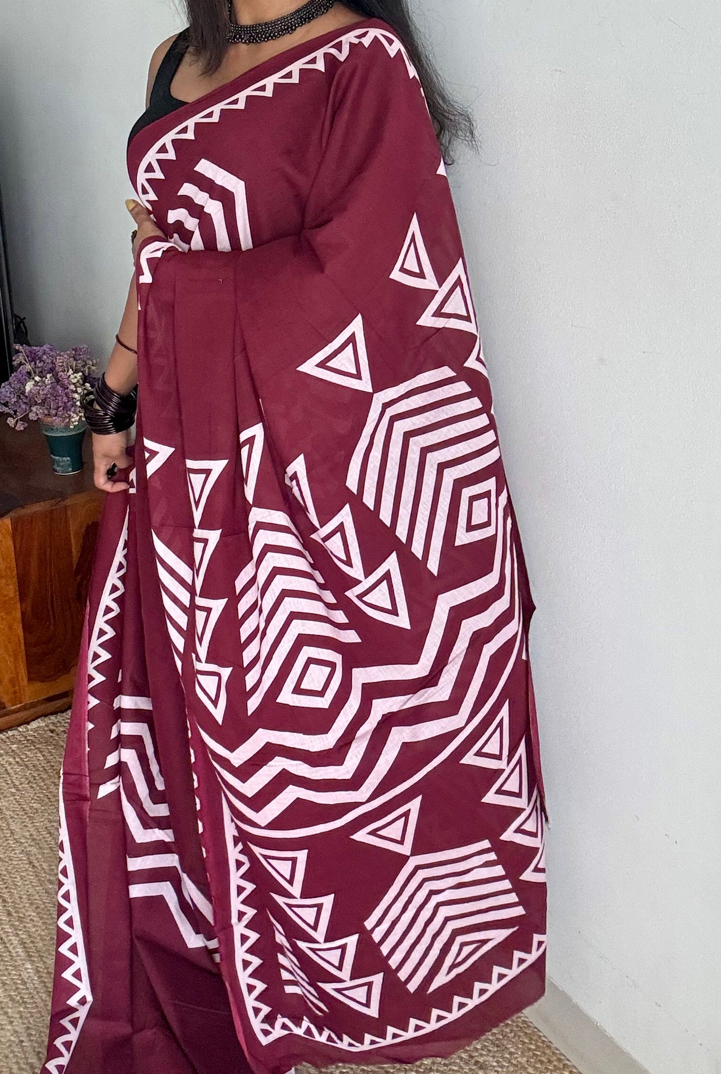 Maroon with white geometric prints, soft cotton - YCTORCMA01