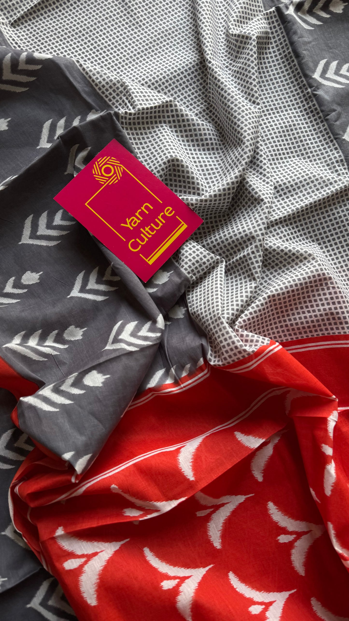 Grey with red border, white motifs, soft cotton saree - YCTORCMA07