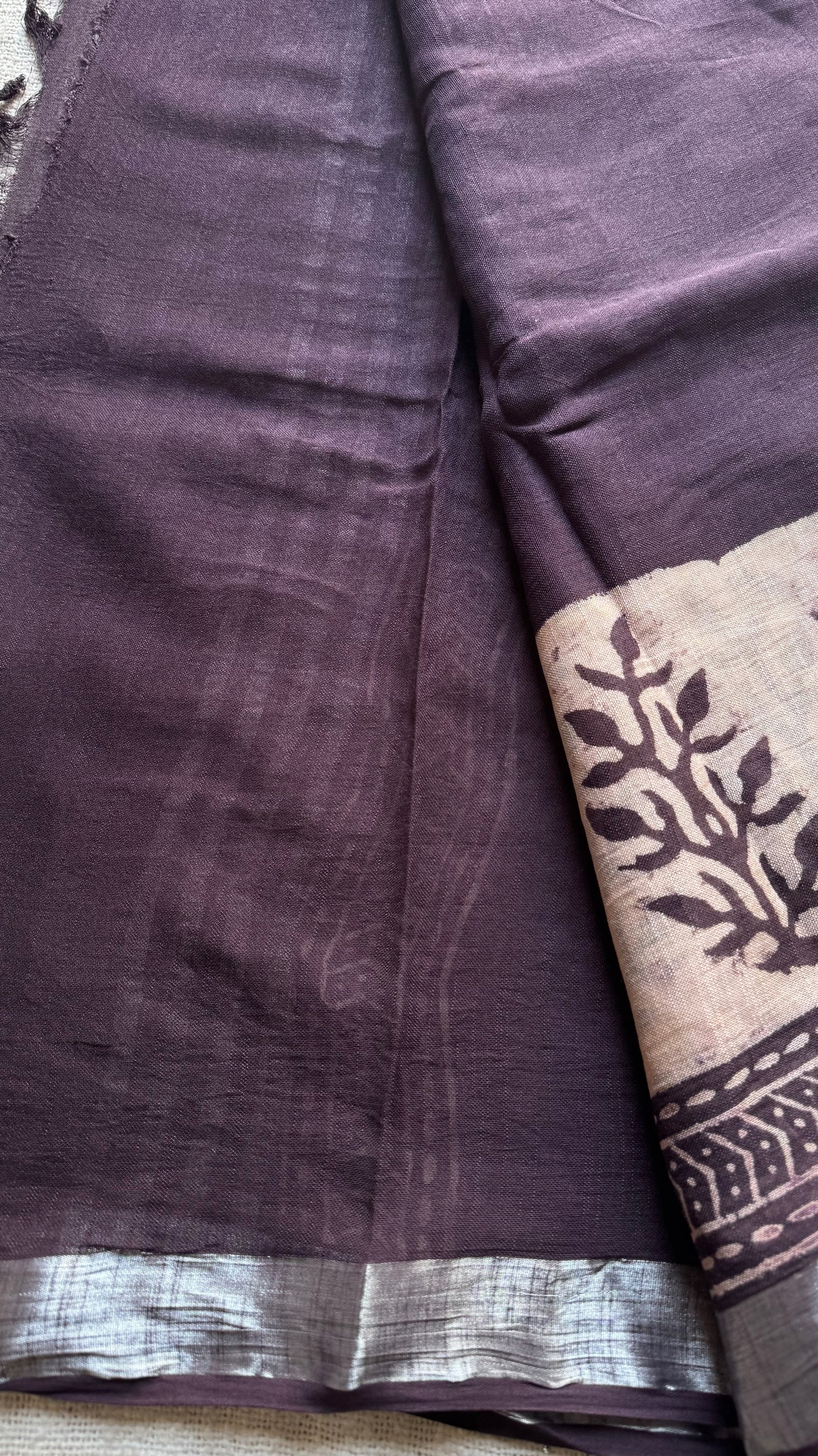 Wine and cream linen, silver zari border - YCTORNOP20